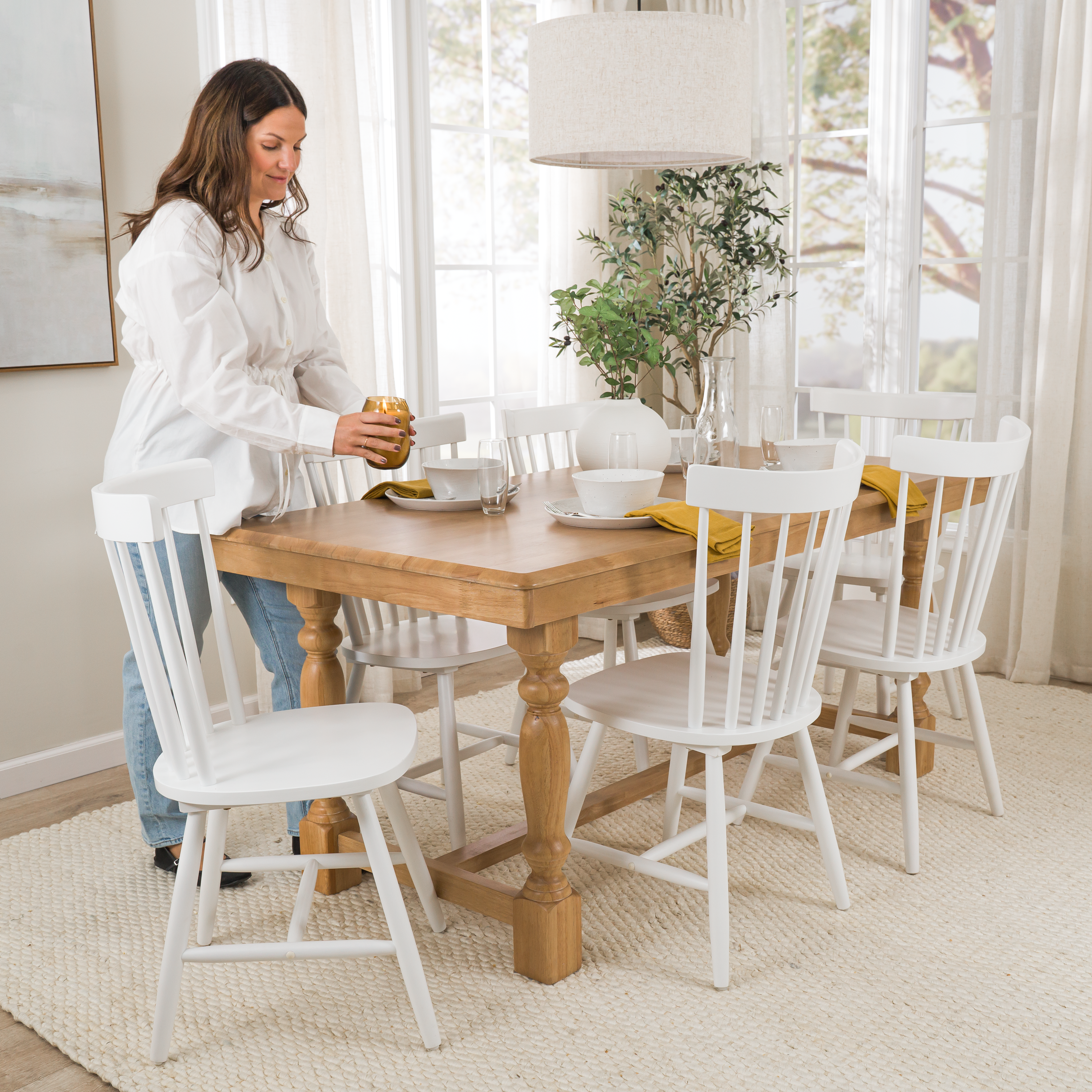 Shop Bush Furniture Sterling 67W Squire Trestle Dining Table with 6 High Back Spindle Dining Chairs 09 STL003NHS #color_natural honey brown/white paint