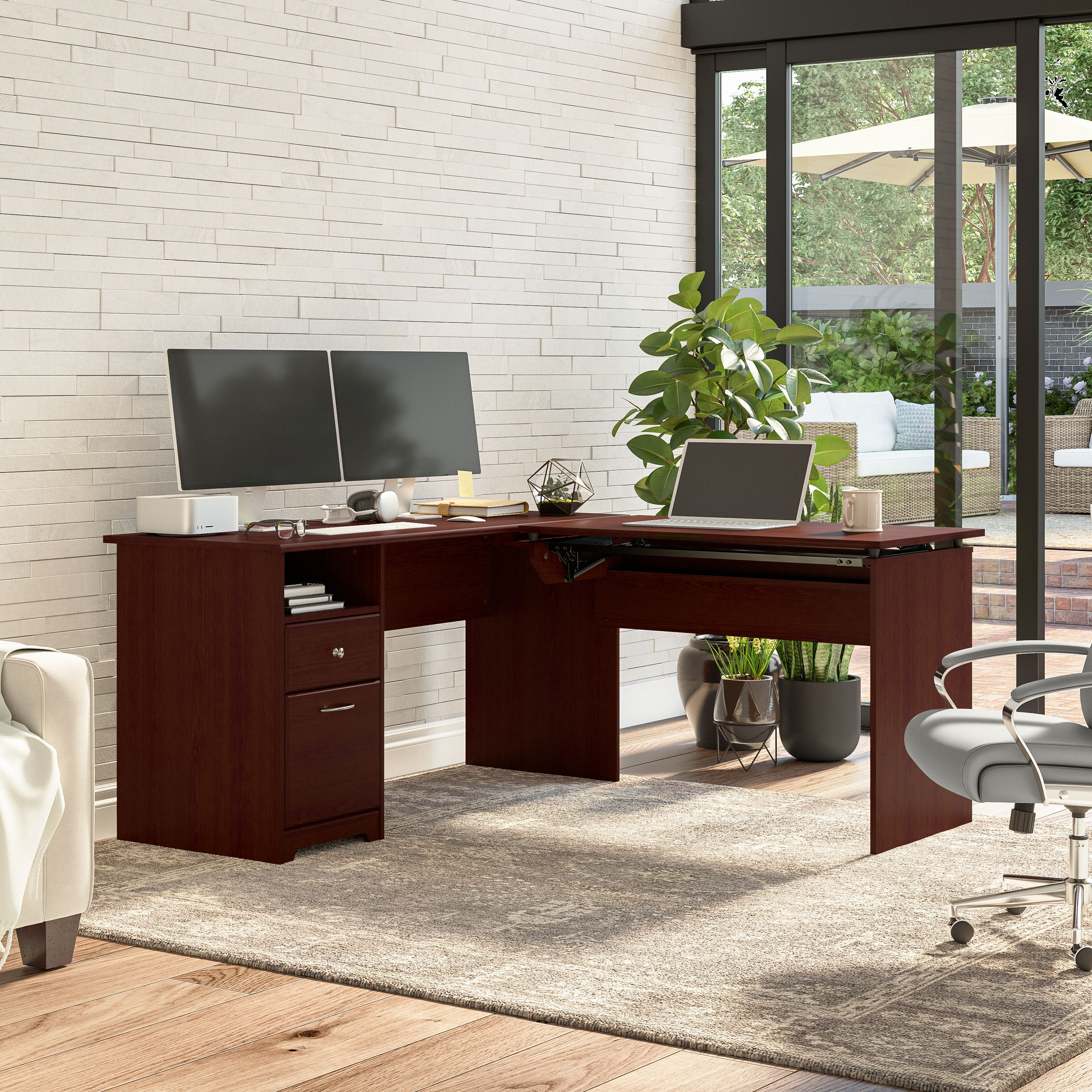 Shop Bush Furniture Cabot 60W 3 Position Sit to Stand L Shaped Desk 03 CAB043HVC #color_harvest cherry