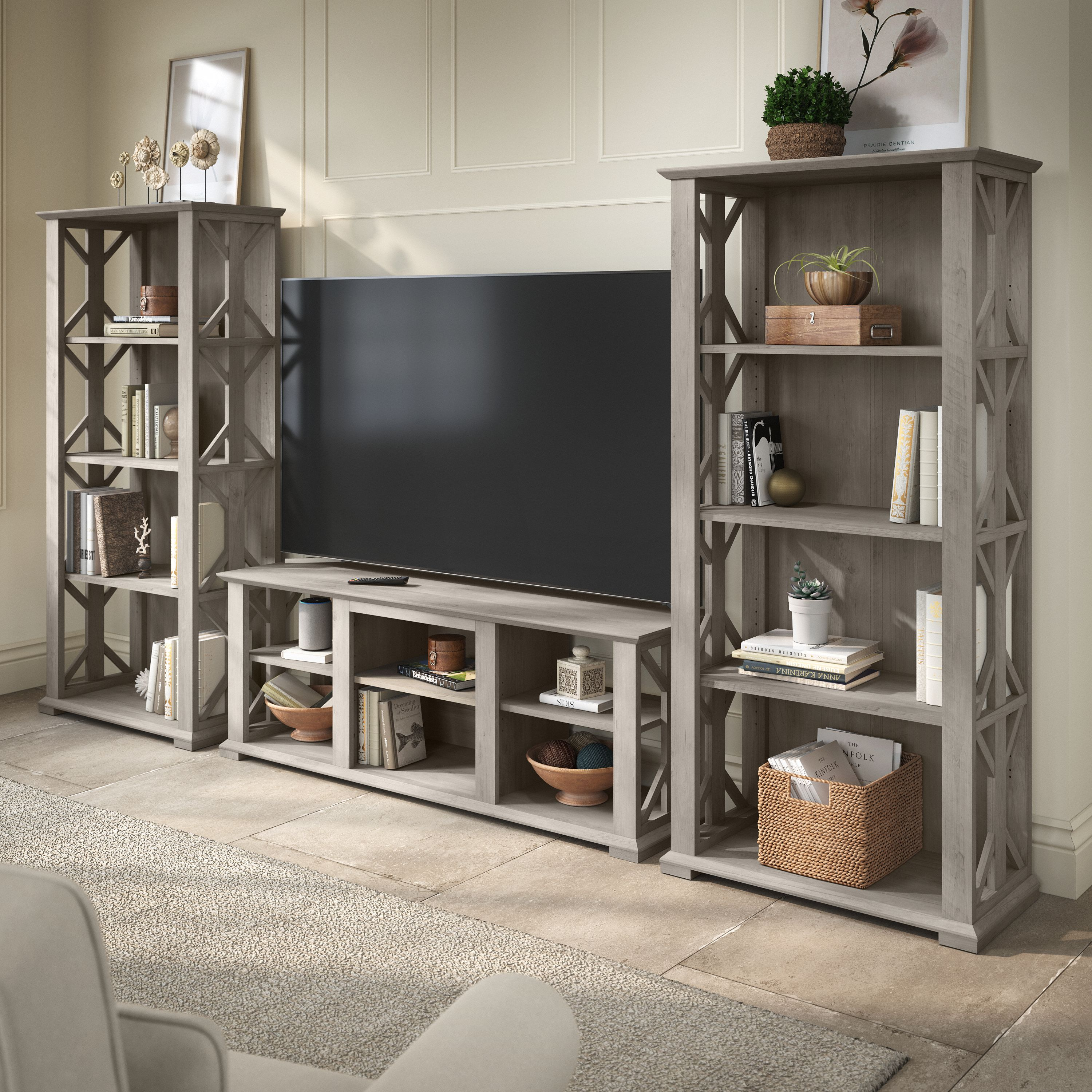 Shop Bush Furniture Homestead Farmhouse TV Stand for 70 Inch TV with 4 Shelf Farmhouse Bookcase Set 01 HOT012DG #color_driftwood gray