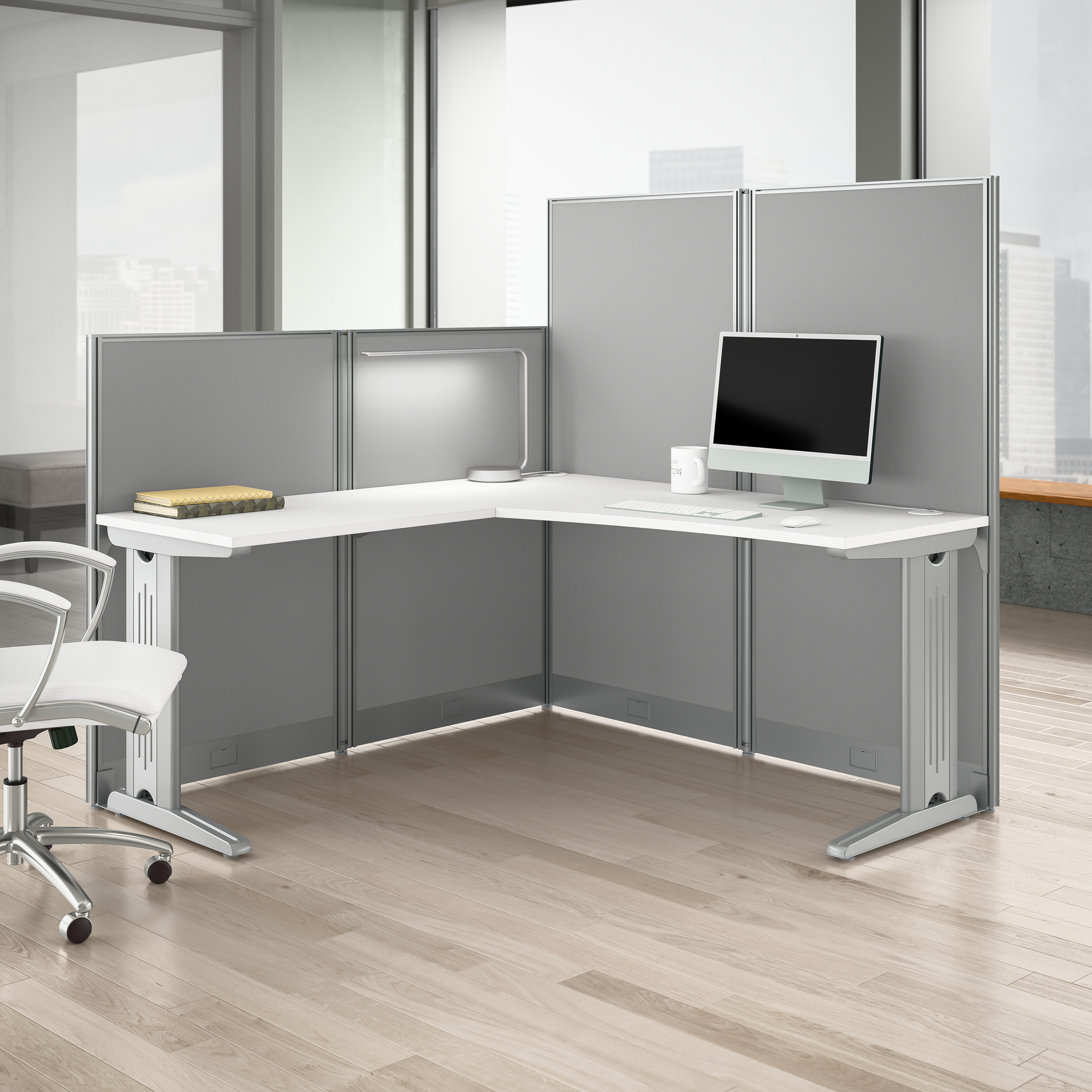 Shop Bush Business Furniture Office in an Hour 65W x 65D L Shaped Cubicle Desk 01 WC36194-03K #color_pure white