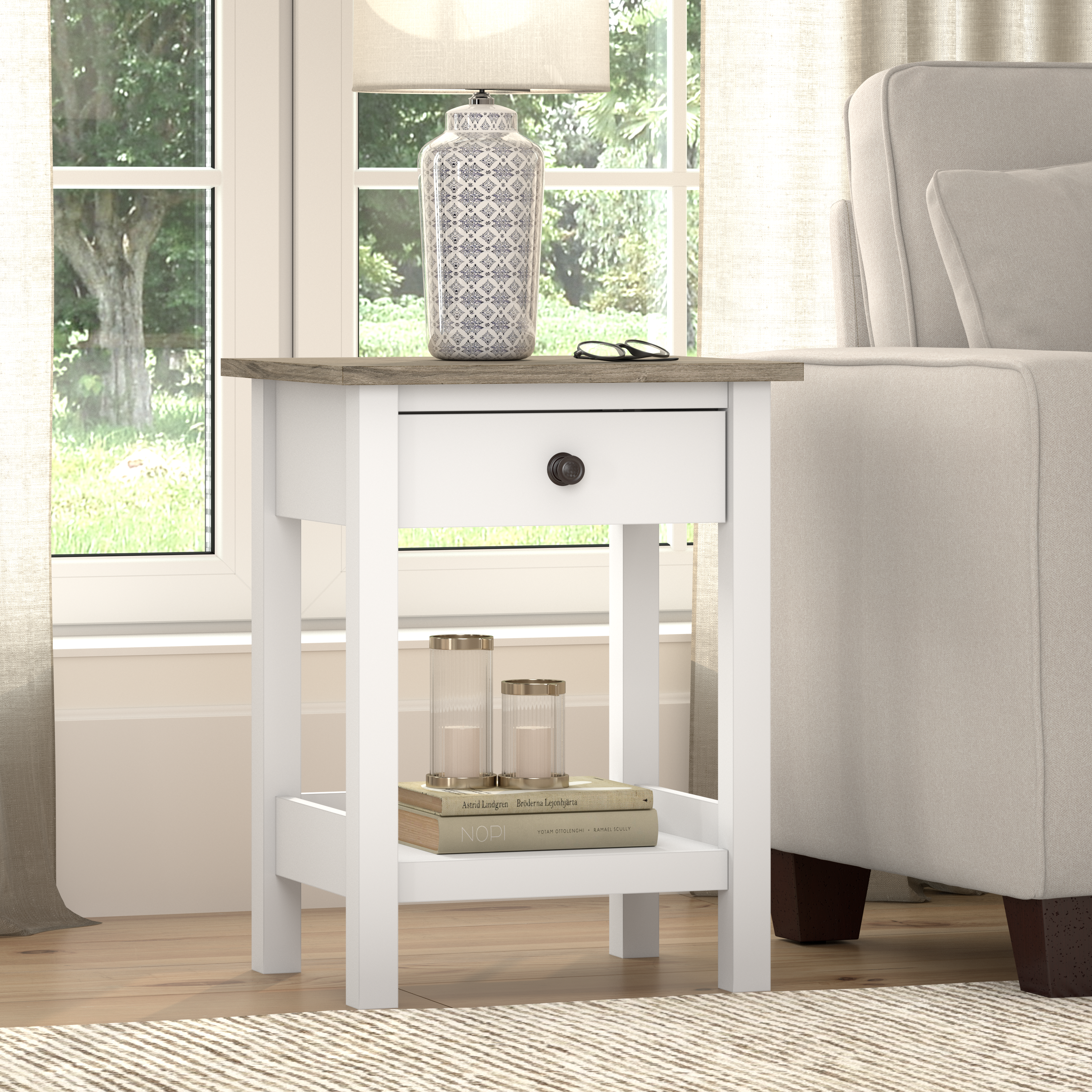 Shop Bush Furniture Mayfield End Table 01 MAT119GW2-03 #color_shiplap gray/pure white
