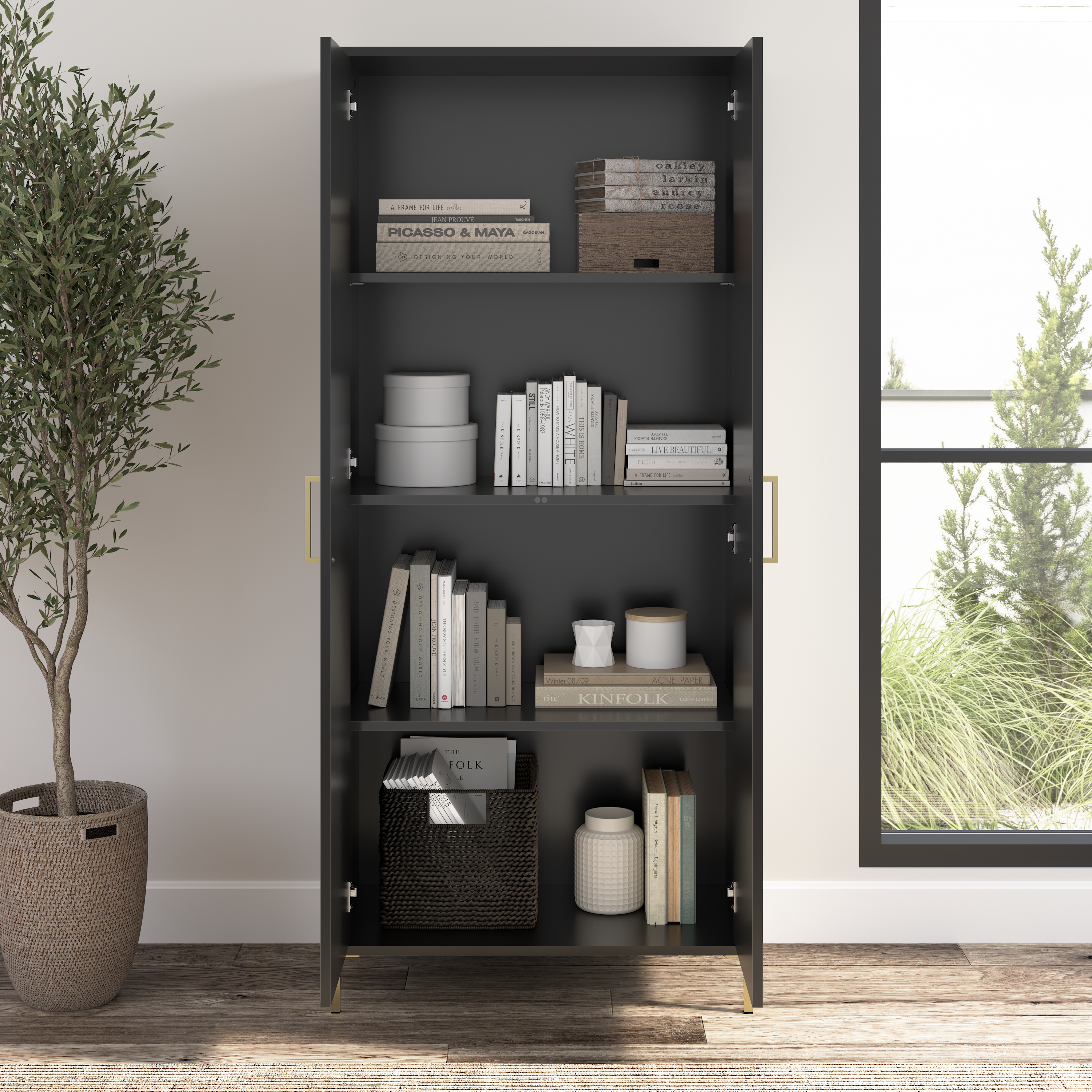 Shop Bush Furniture Soho Tall Storage Cabinet with Doors 06 SHS129BL-Z #color_black stipple