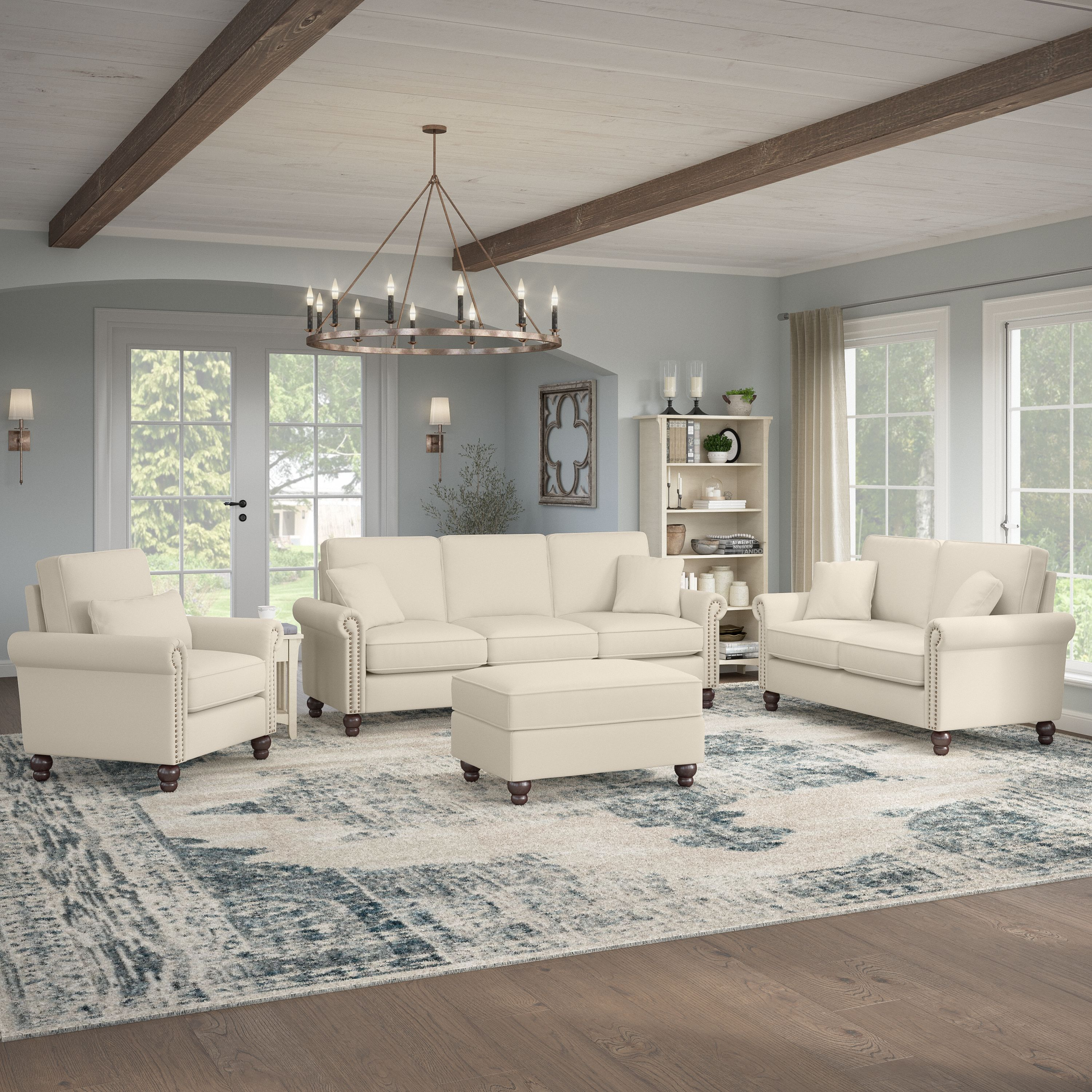 Shop Bush Furniture Coventry 85W Sofa with Loveseat, Accent Chair, and Ottoman 01 CVN020CRH #color_cream herringbone fabric