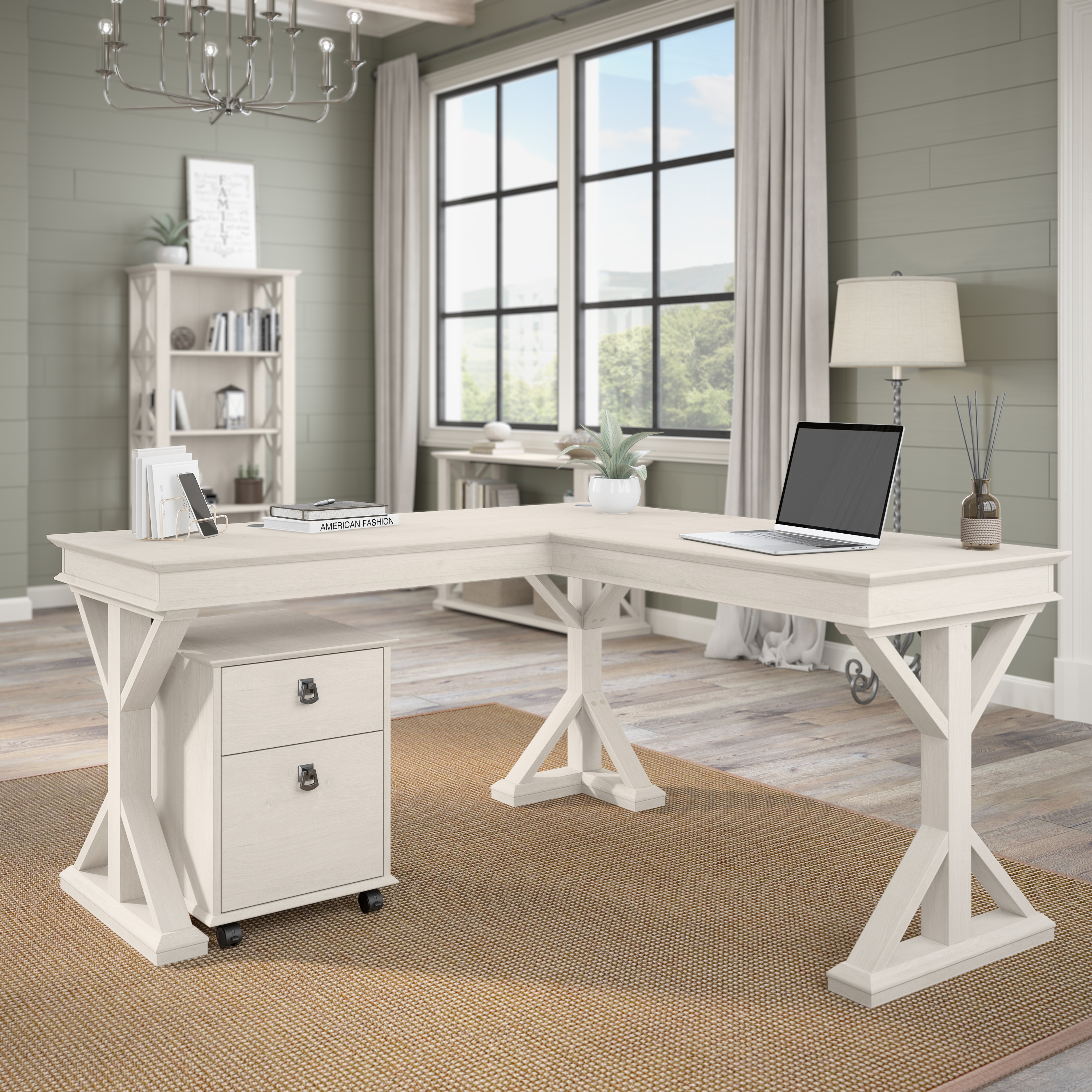 Shop Bush Furniture Homestead 60W Farmhouse L Shaped Desk 05 HOD160LW-03K #color_linen white oak