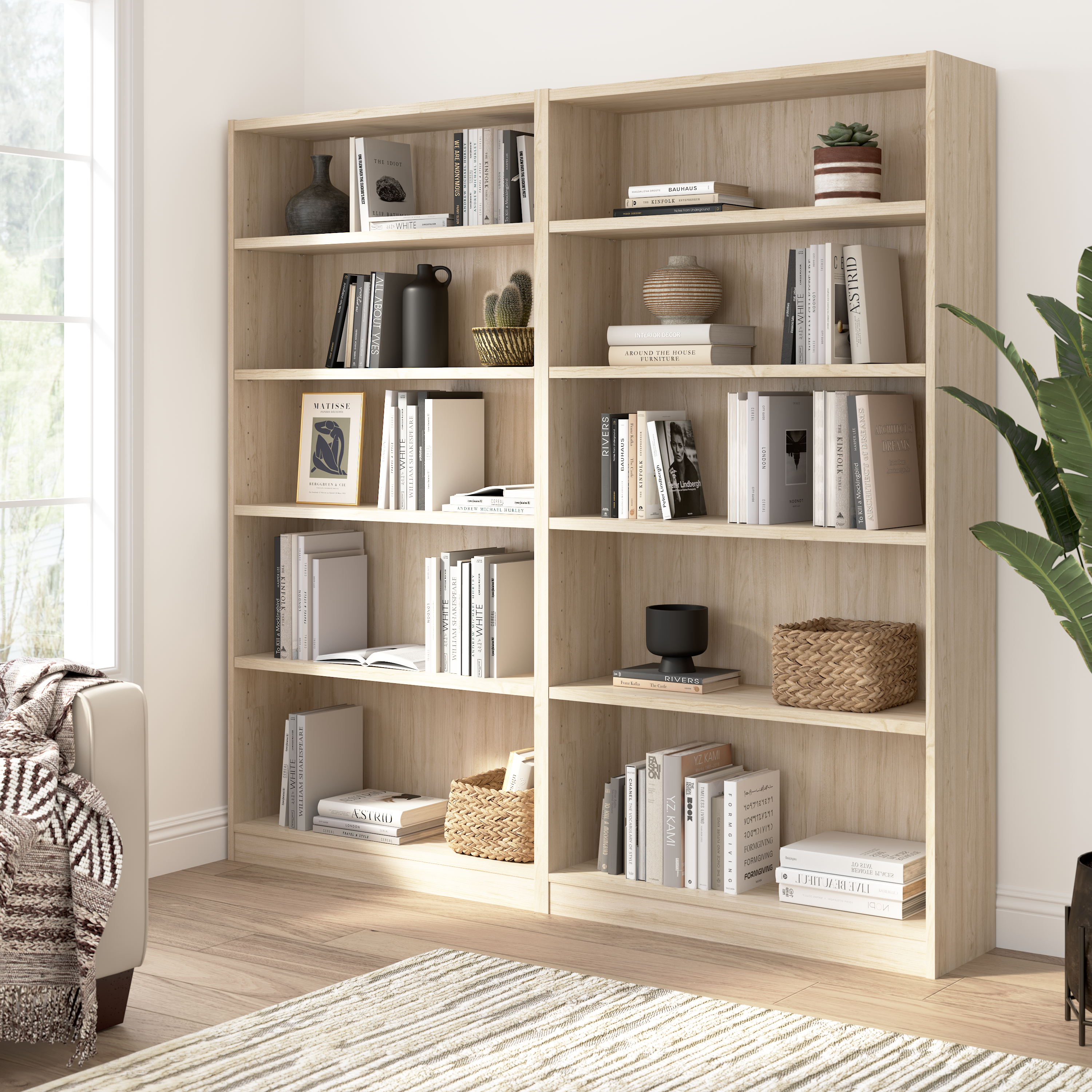 Shop Bush Furniture Universal Tall 5 Shelf Bookcase - Set of 2 01 UB003NE #color_natural elm