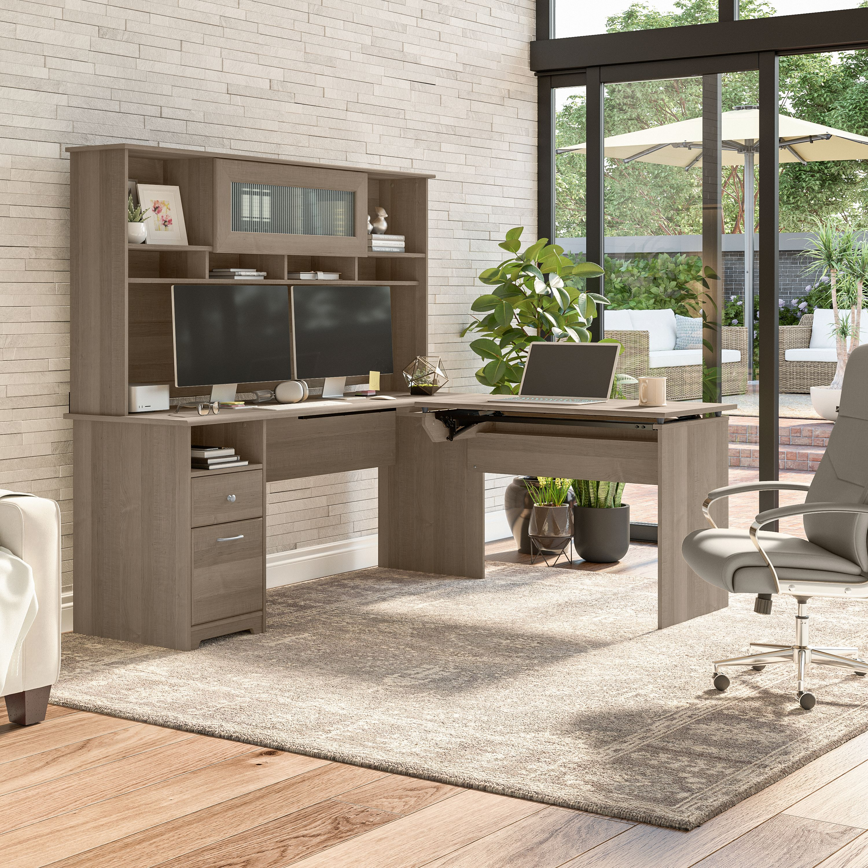 Shop Bush Furniture Cabot 72W 3 Position Sit to Stand L Shaped Desk with Hutch 03 CAB052AG #color_ash gray