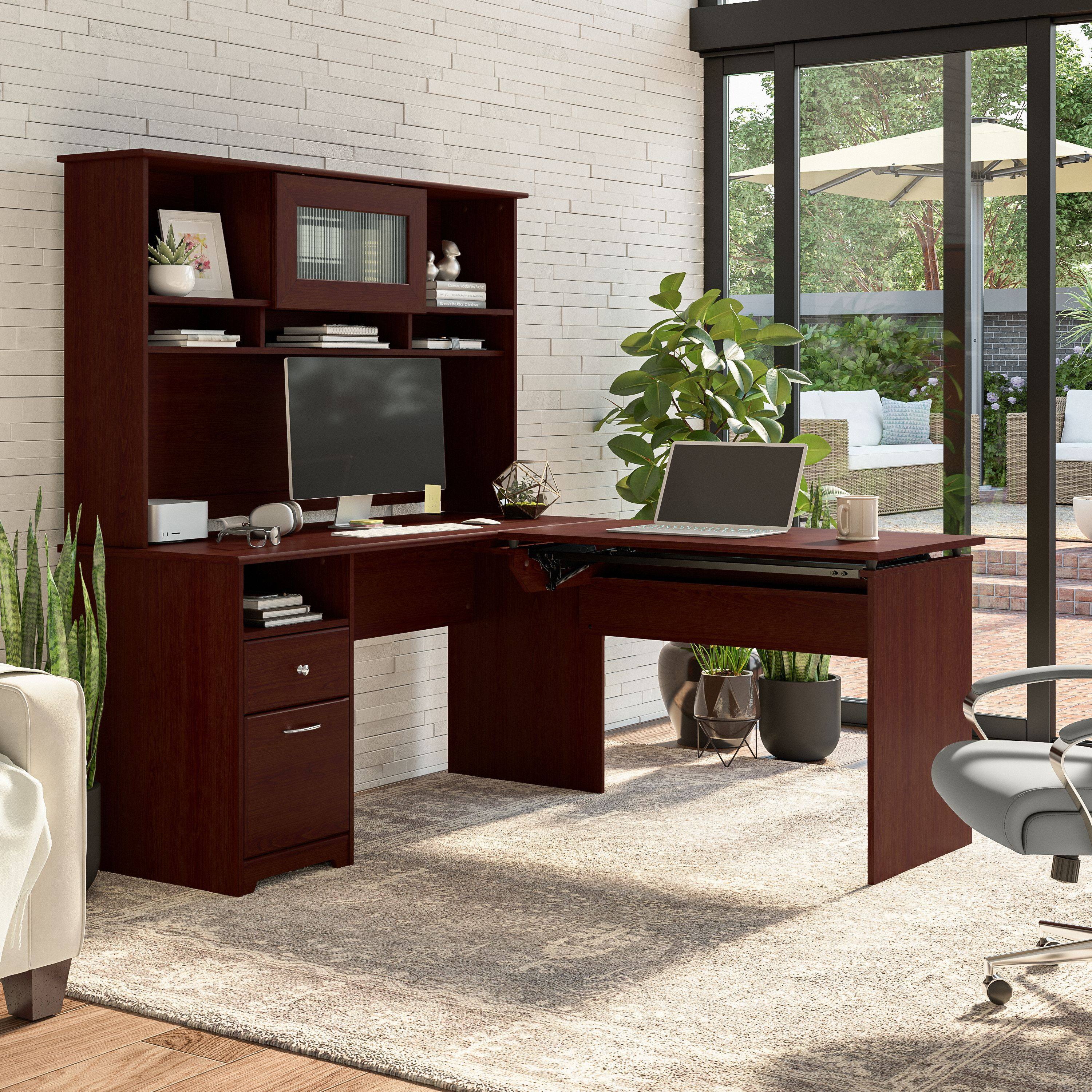 Shop Bush Furniture Cabot 60W 3 Position Sit to Stand L Shaped Desk with Hutch 03 CAB045HVC #color_harvest cherry