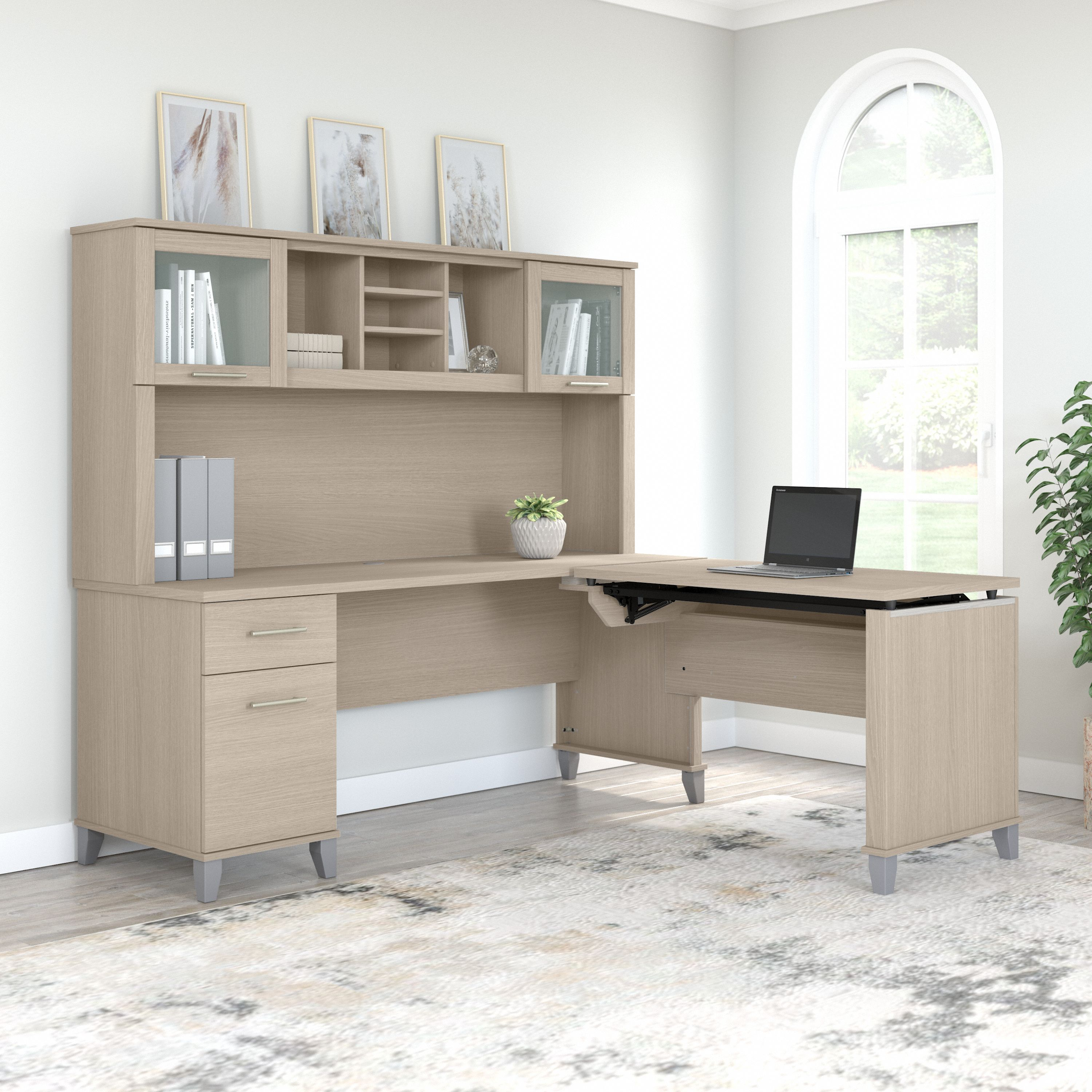 Shop Bush Furniture Somerset 72W 3 Position Sit to Stand L Shaped Desk with Hutch 03 SET015SO #color_sand oak