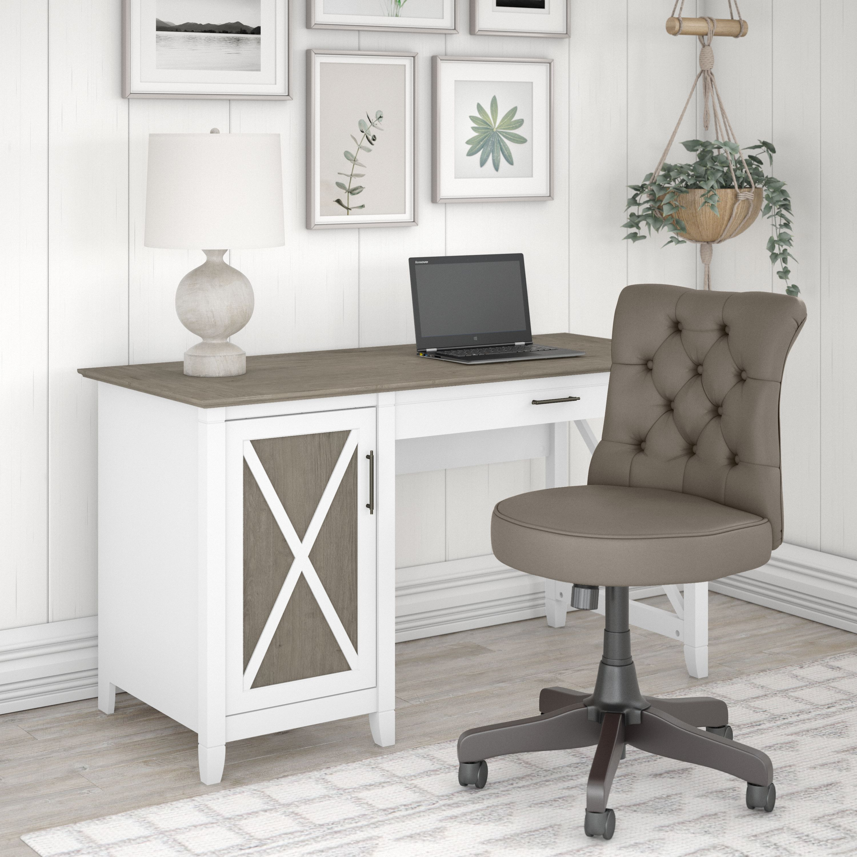 Shop Bush Furniture Key West 54W Computer Desk with Storage and Mid Back Tufted Office Chair 01 KWS020G2W #color_shiplap gray/pure white