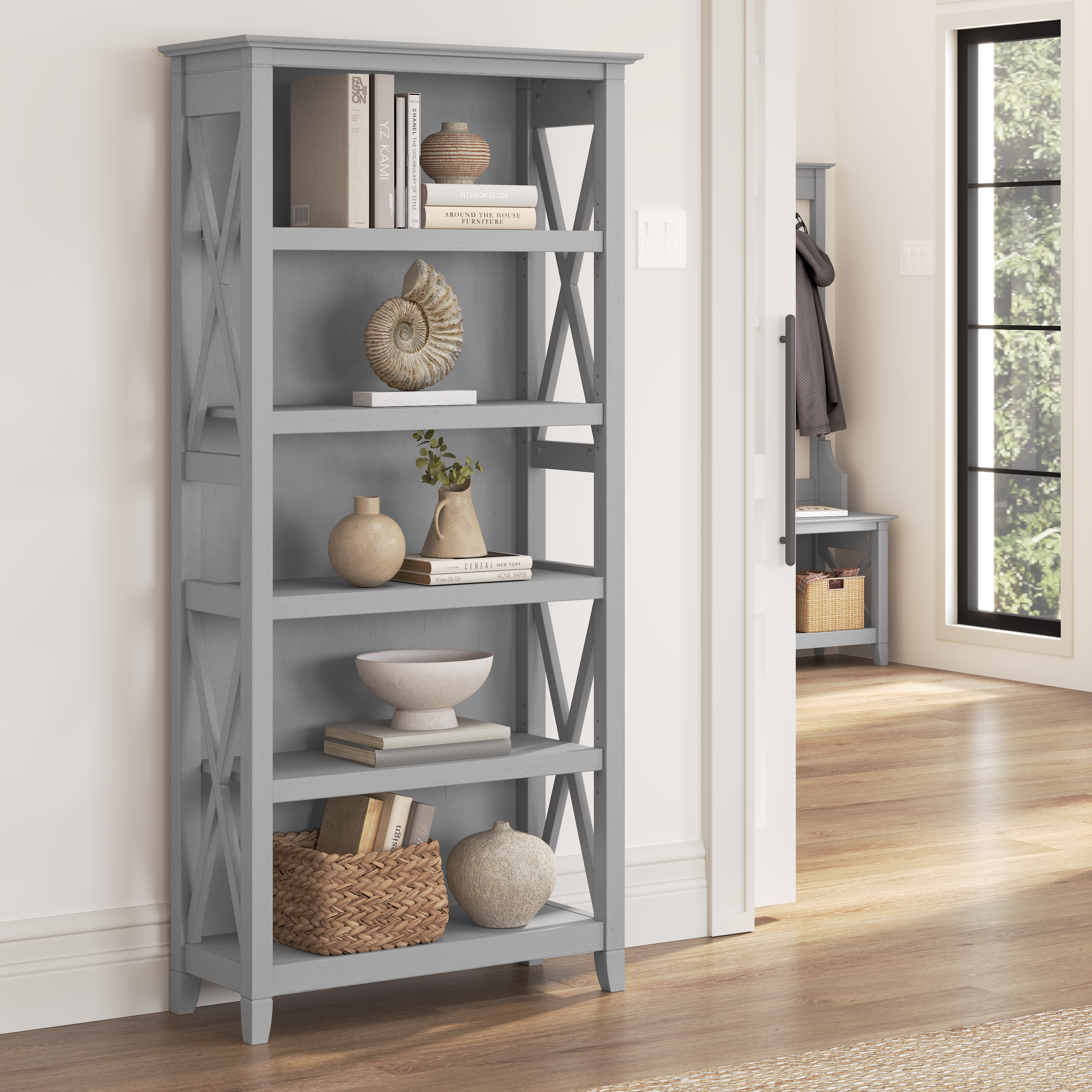 Shop Bush Furniture Key West Tall 5 Shelf Bookcase 01 KWB132CG-03 #color_cape cod gray