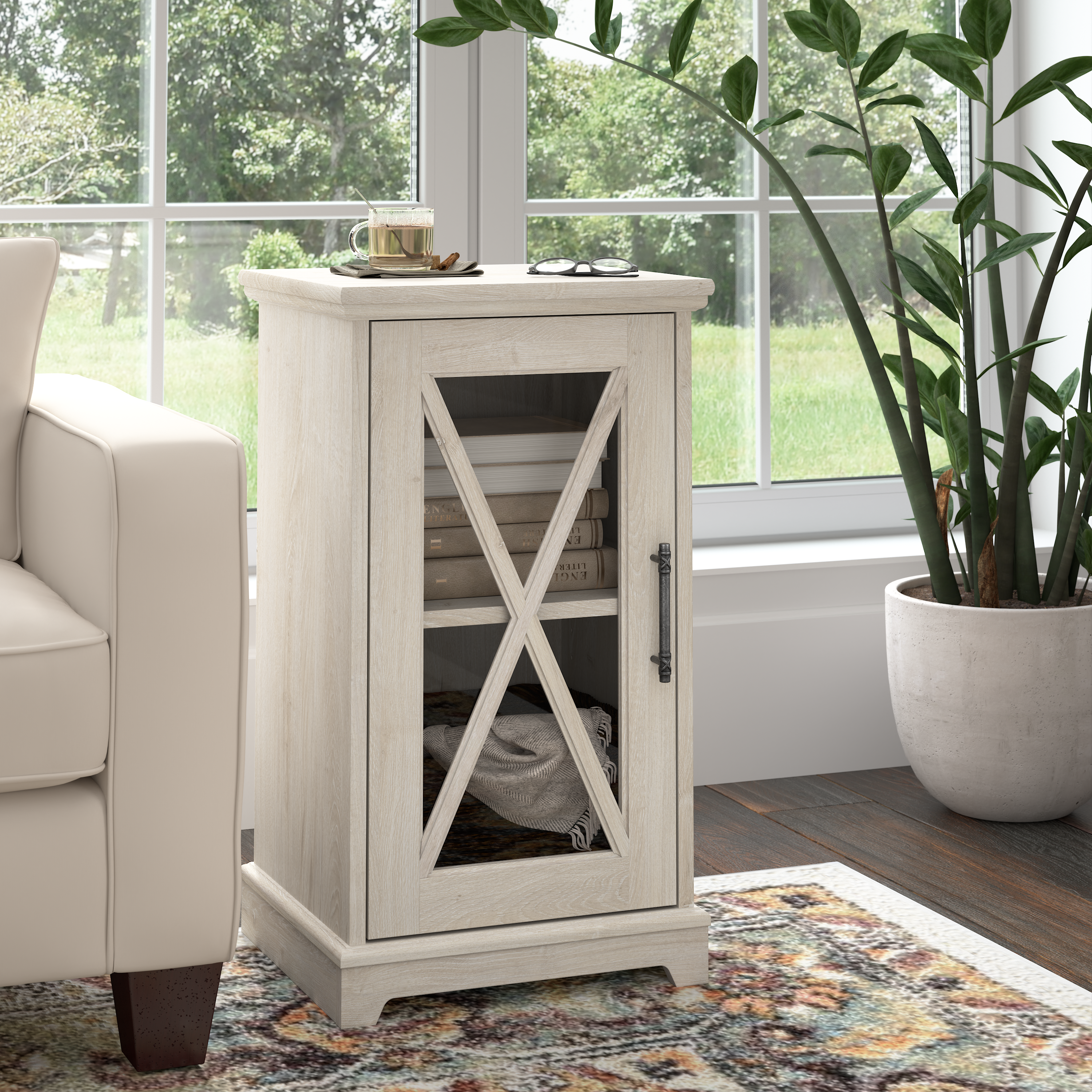 Shop Bush Furniture Lennox Small Farmhouse End Table with Storage 01 LET118LW-03 #color_linen white oak