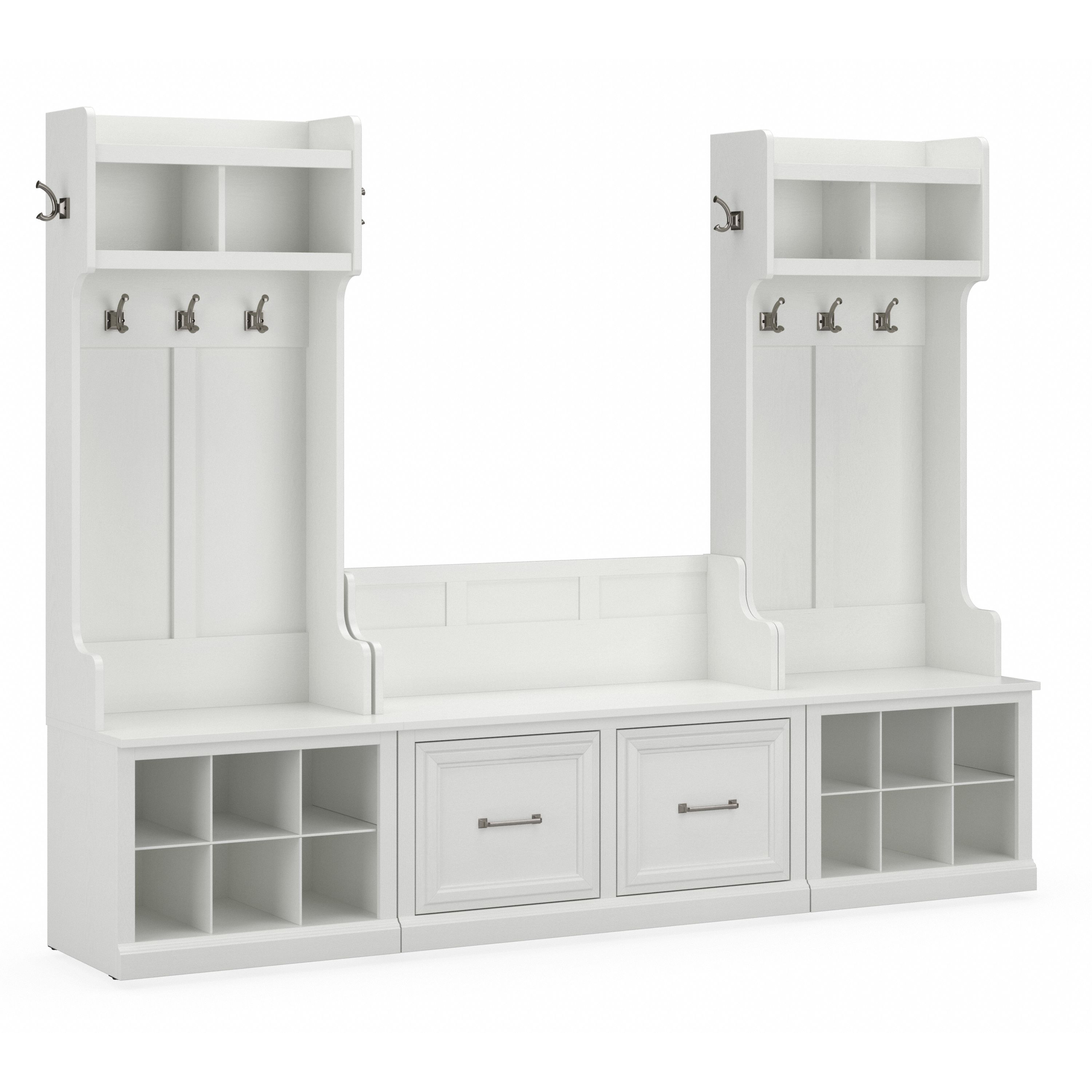 Shop Bush Furniture Woodland Entryway Storage Set with Hall Trees and Shoe Bench with Doors 02 WDL011WAS #color_white ash