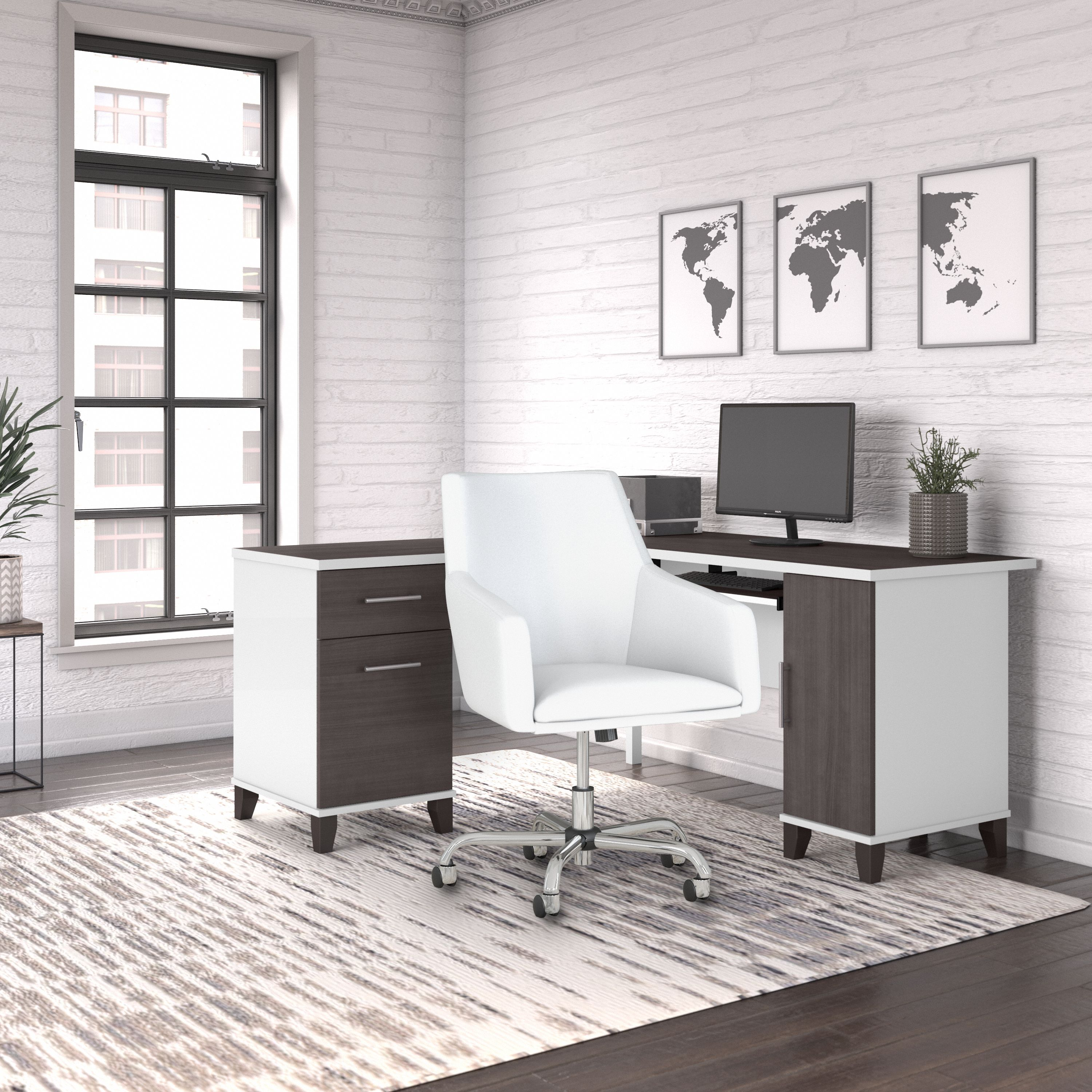 Shop Bush Furniture Somerset 60W L Shaped Desk with Mid Back Leather Box Chair 01 SET022SGWH #color_storm gray/white