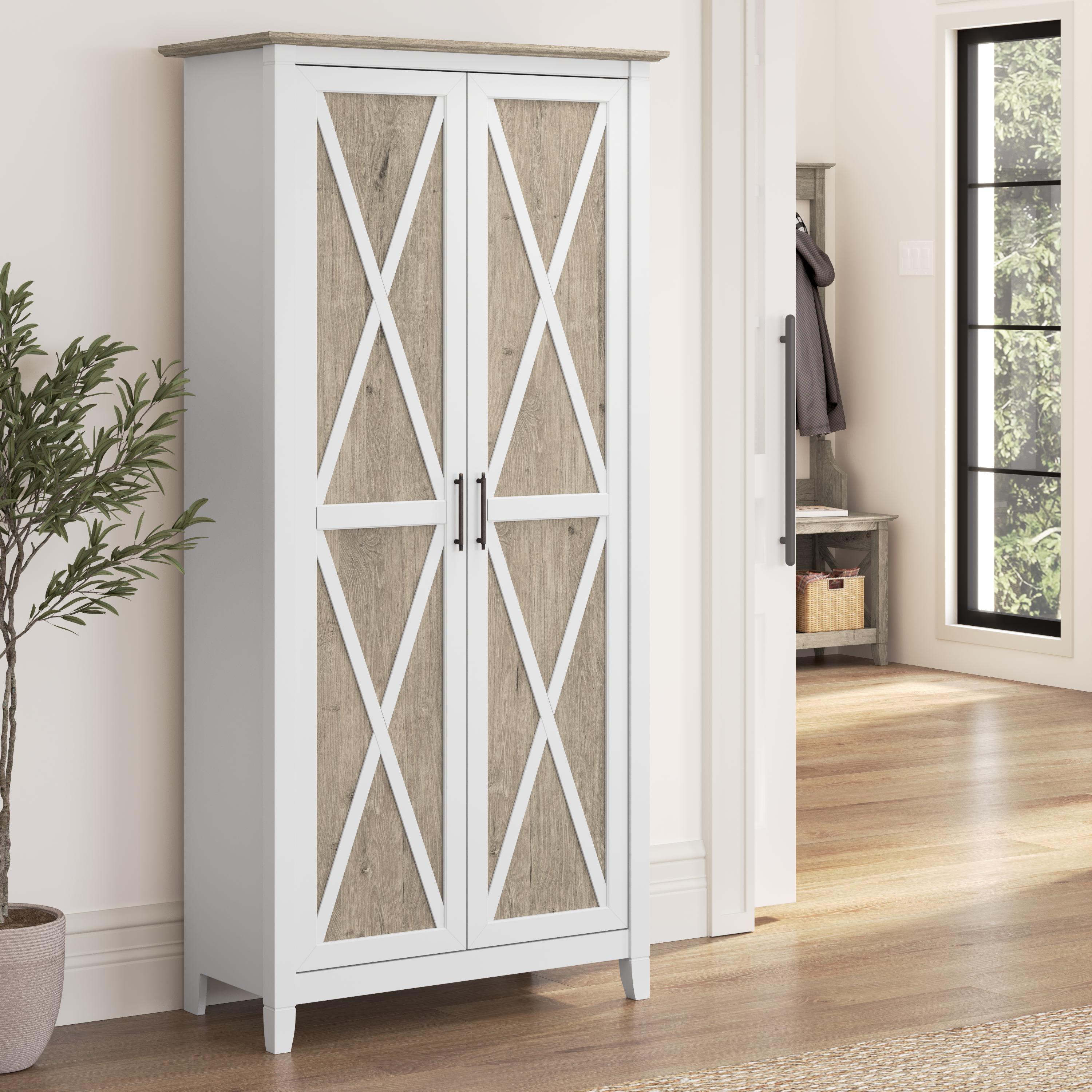 Shop Bush Furniture Key West Tall Storage Cabinet with Doors and Shelves 01 KWS266G2W-03 #color_shiplap gray/pure white