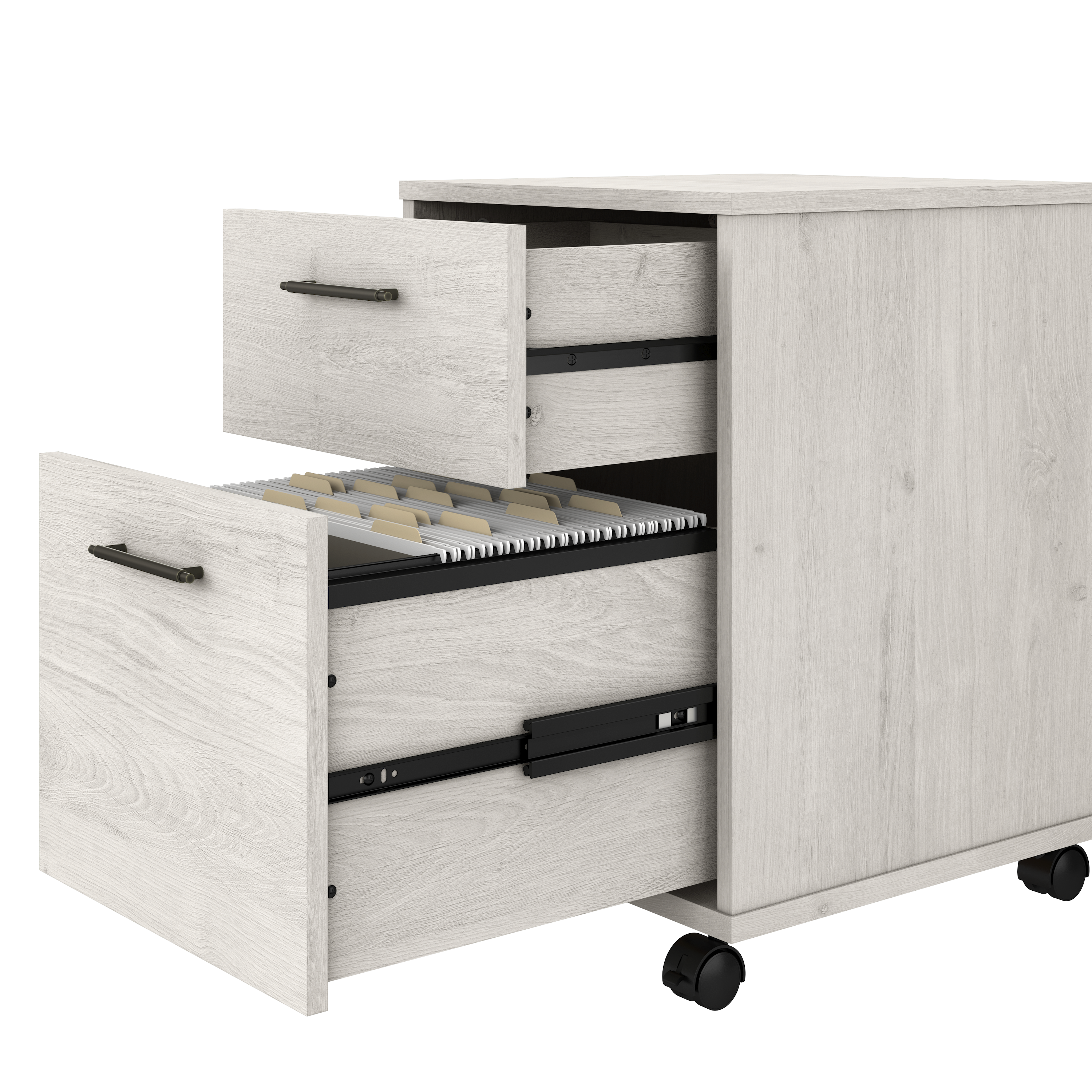 Shop Bush Furniture Key West 60W L Shaped Desk with 2 Drawer Mobile File Cabinet and 5 Shelf Bookcase 07 KWS016LW #color_linen white oak