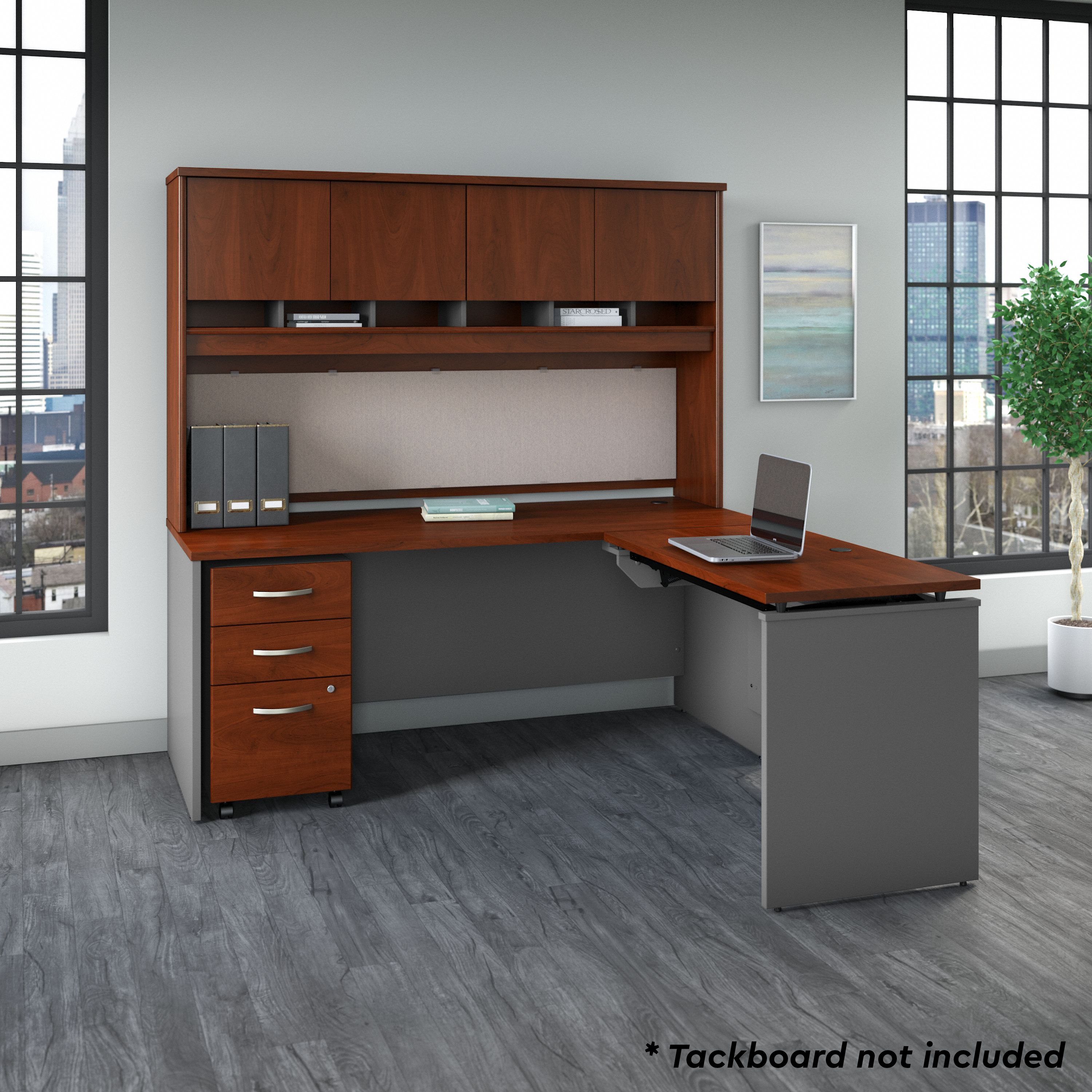 Shop Bush Business Furniture Series C 72W x 30D 3 Position Sit to Stand L Shaped Desk with Hutch and Mobile File Cabinet 06 SRC124HCSU #color_hansen cherry/graphite gray