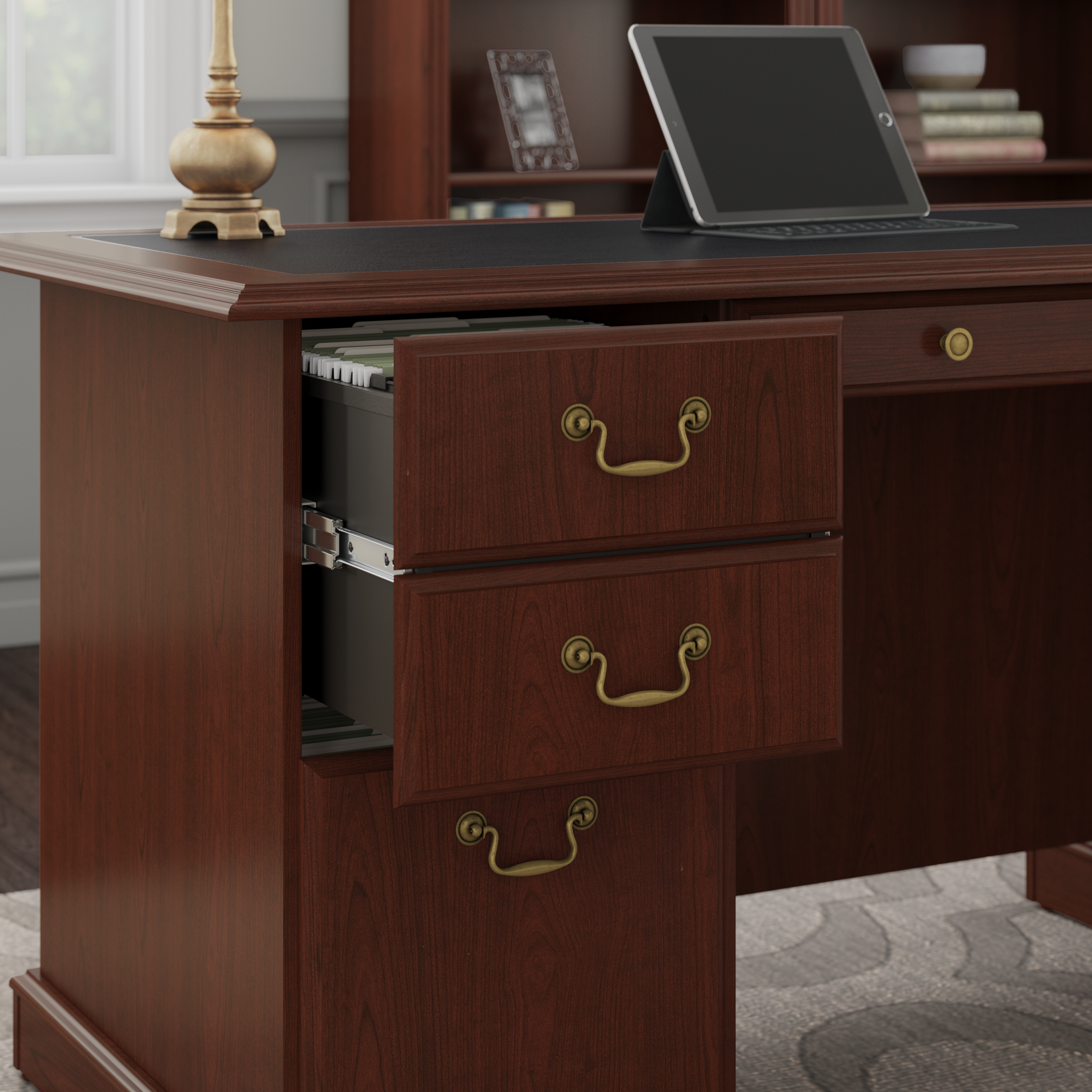 Shop Bush Furniture Saratoga Executive Desk and Bookcase Set 07 SAR003CS #color_harvest cherry/black