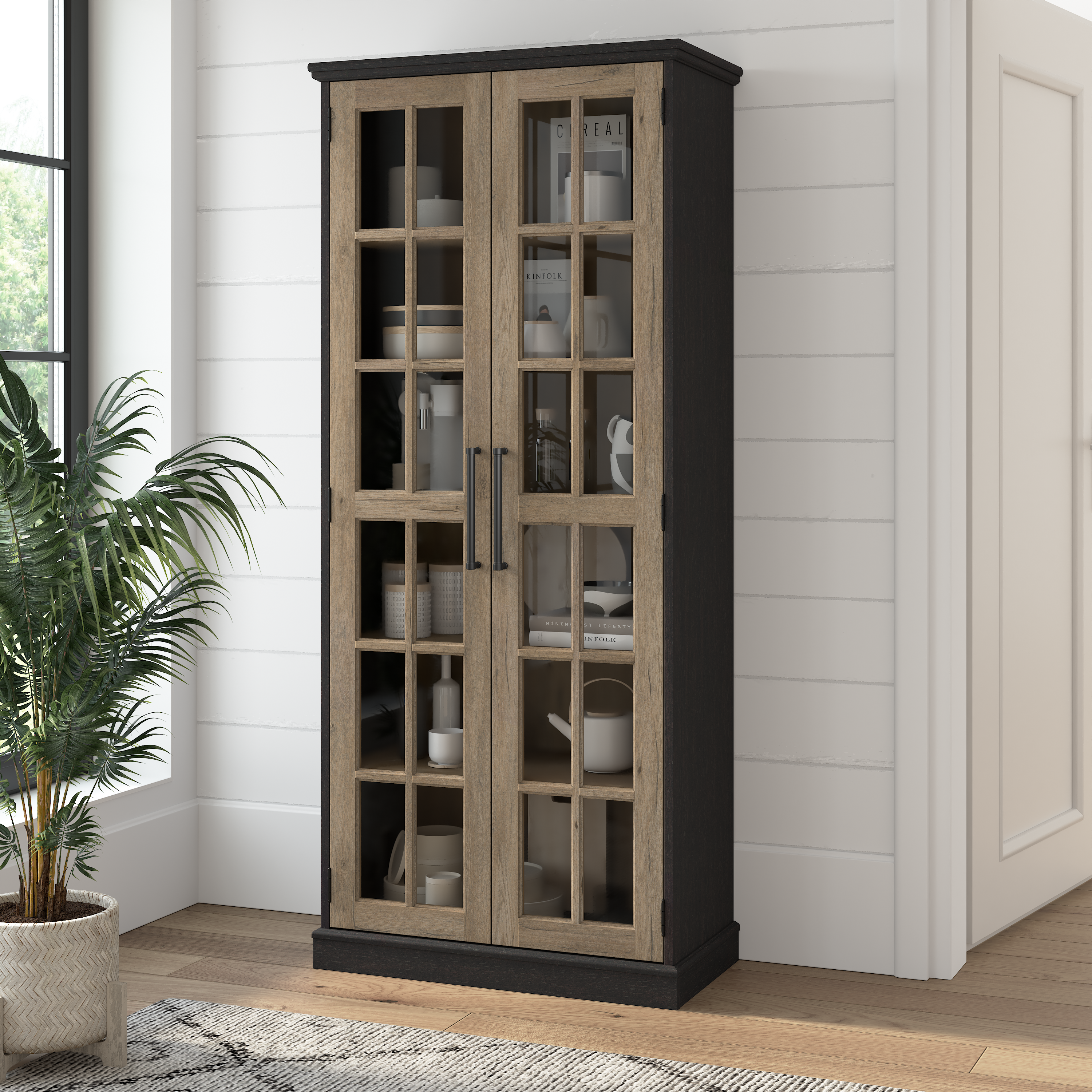 Shop Bush Furniture Westbrook Curio Cabinet with Glass Doors 01 WBS232V2R-03K #color_vintage black/restored tan hickory