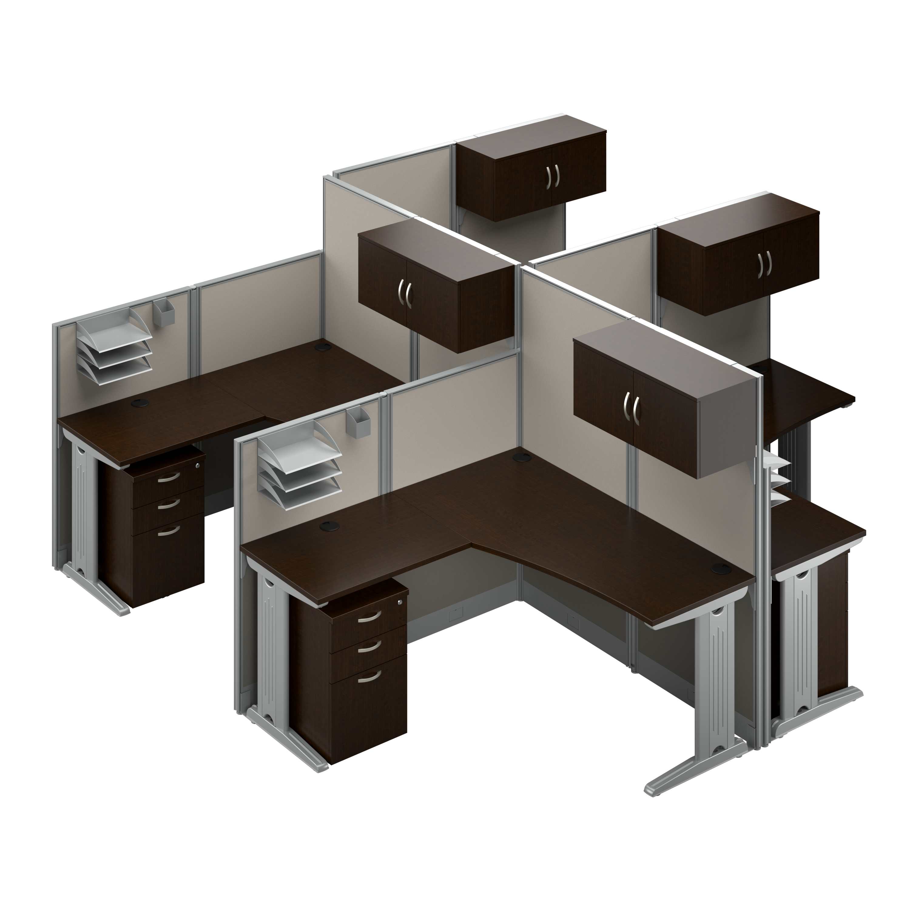 Shop Bush Business Furniture Office in an Hour 4 Person L Shaped Cubicle Desks with Storage, Drawers, and Organizers 02 OIAH007MR #color_mocha cherry