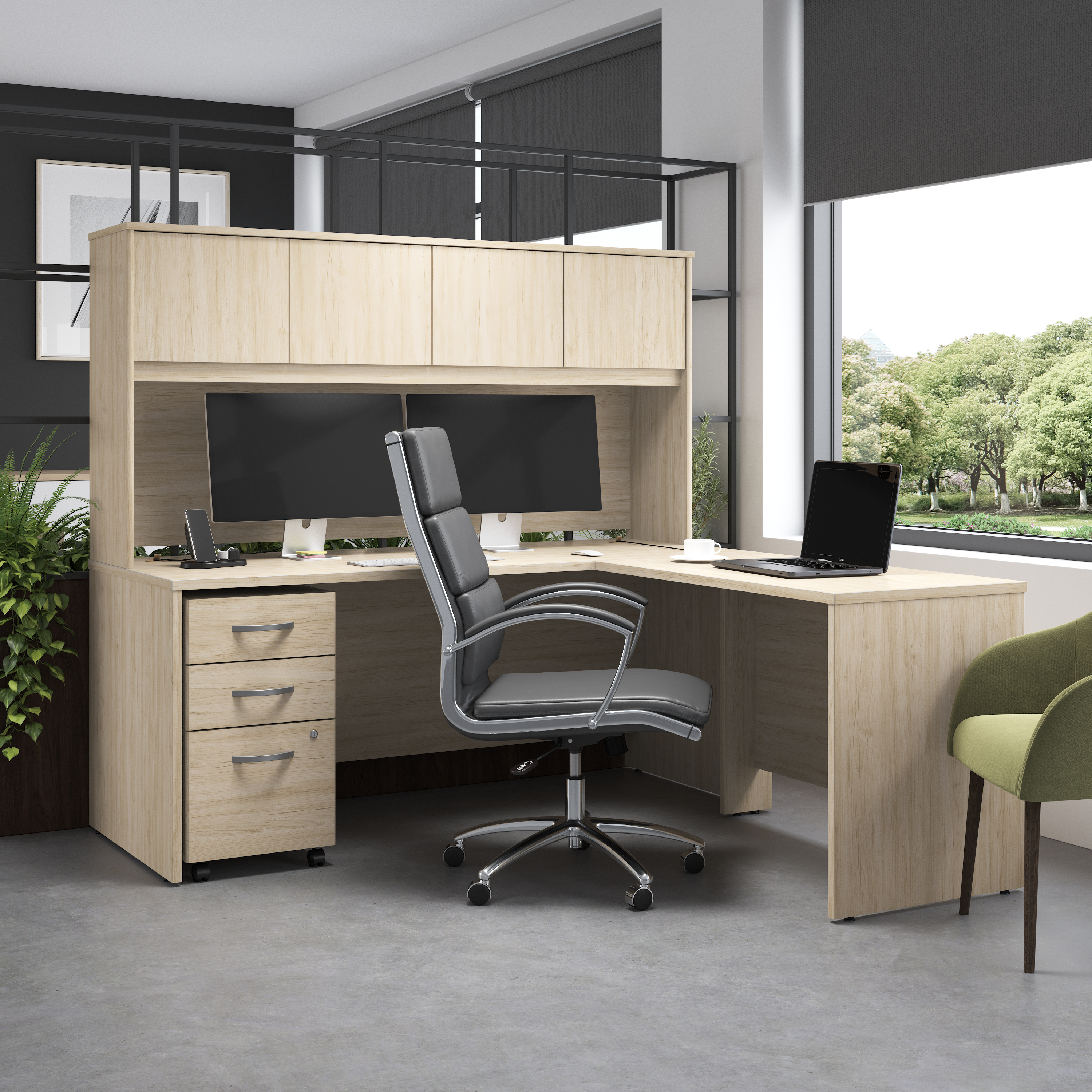 Shop Bush Business Furniture Studio C 72W x 30D L Shaped Desk with Hutch and Mobile File Cabinet 01 STC006NESU #color_natural elm