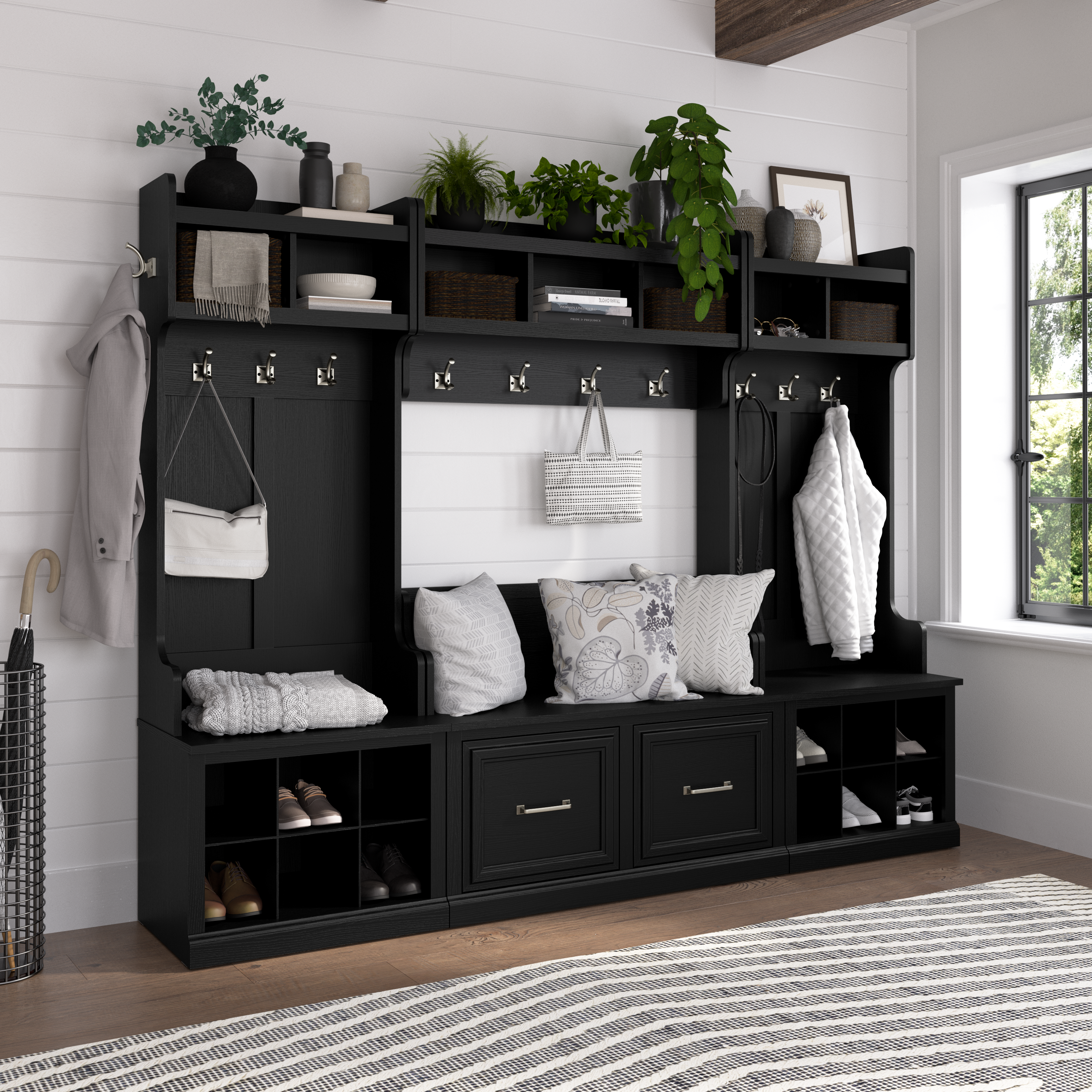 Shop Bush Furniture Woodland Entryway Storage Set with Hall Trees and Shoe Bench with Doors 05 WDL011BS #color_black suede oak