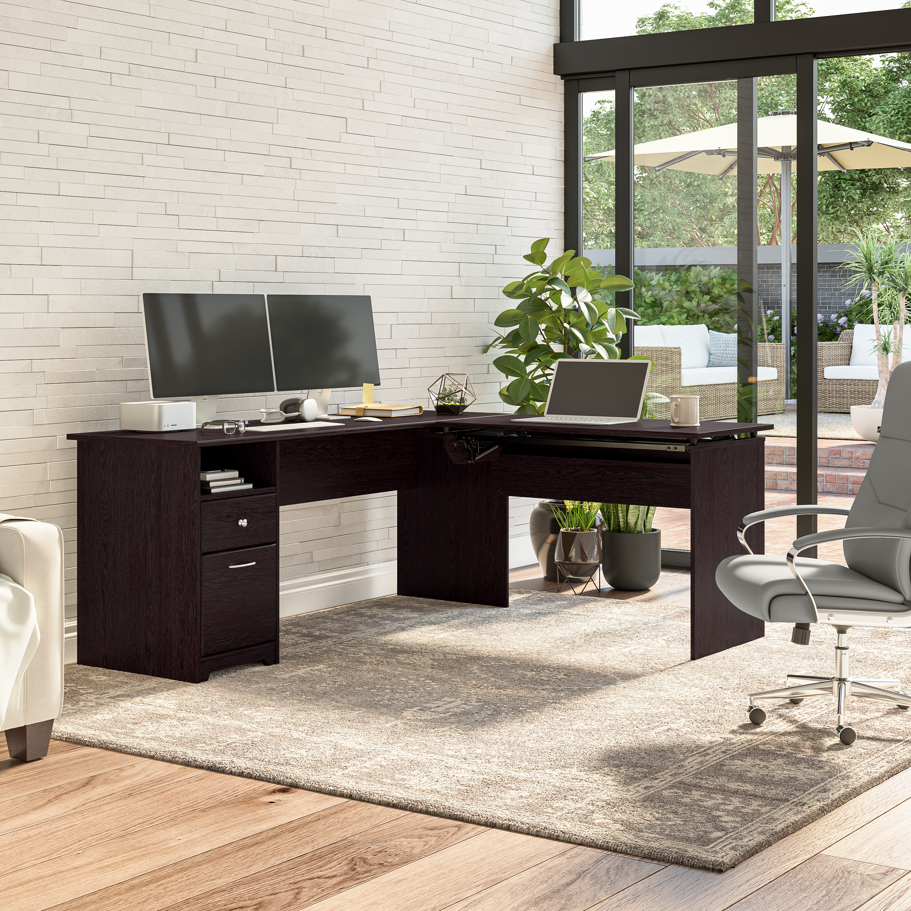 Shop Bush Furniture Cabot 72W 3 Position Sit to Stand L Shaped Desk 03 CAB050EPO #color_espresso oak