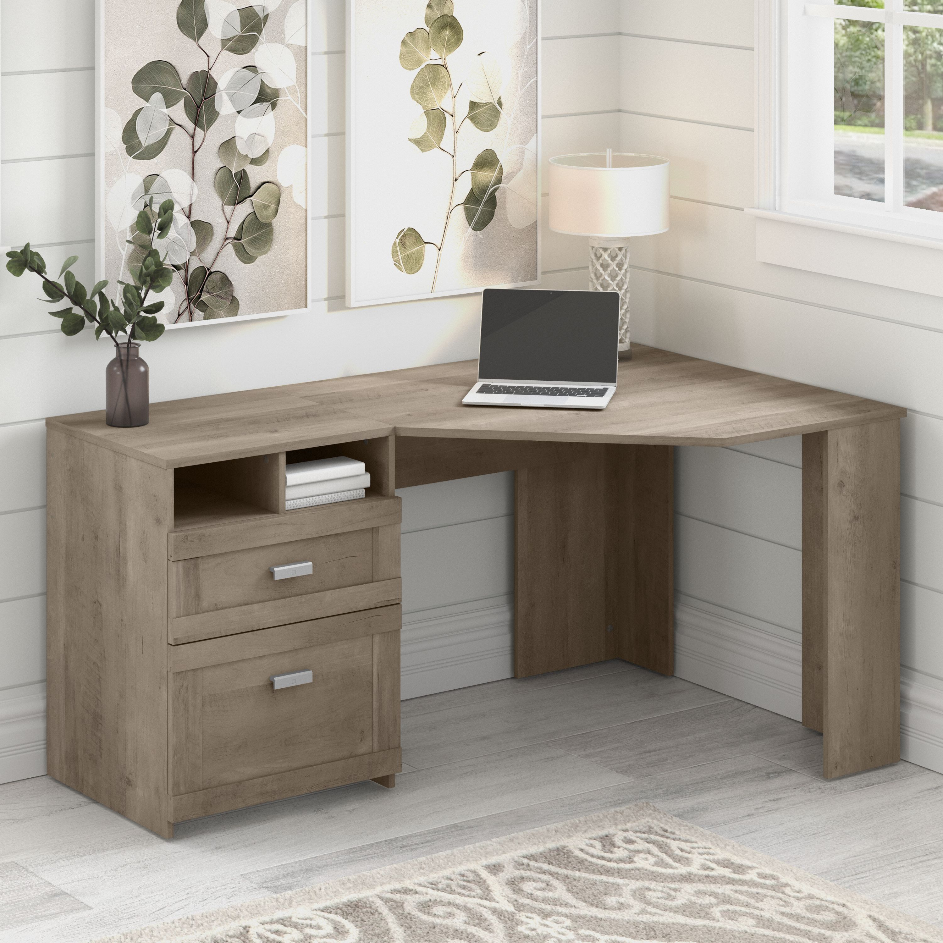 Shop Bush Furniture Wheaton 60W Reversible Corner Desk with Storage 01 MY72213-03 #color_driftwood gray/hansen cherry