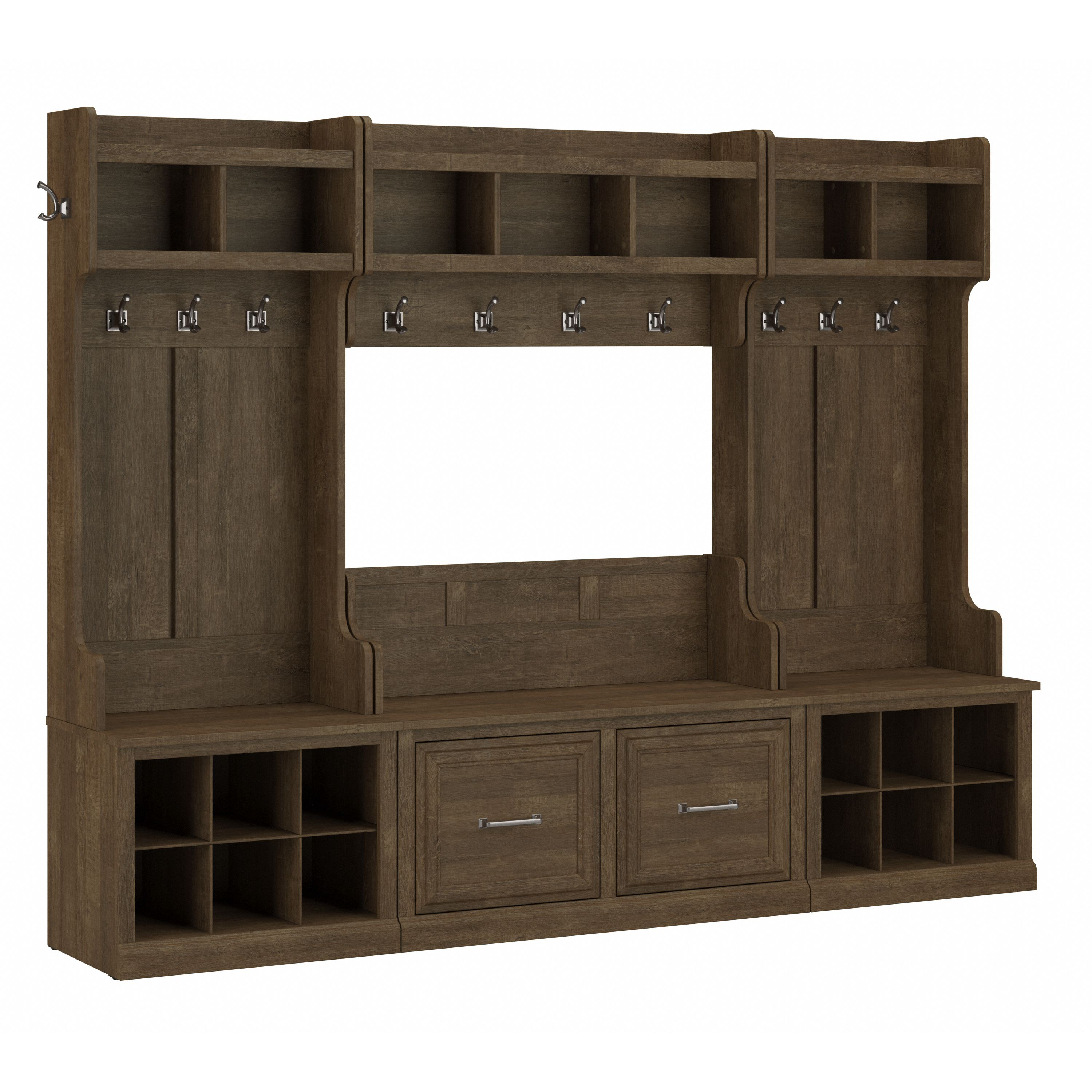 Shop Bush Furniture Woodland Full Entryway Storage Set with Coat Rack and Shoe Bench with Doors 02 WDL013ABR #color_ash brown