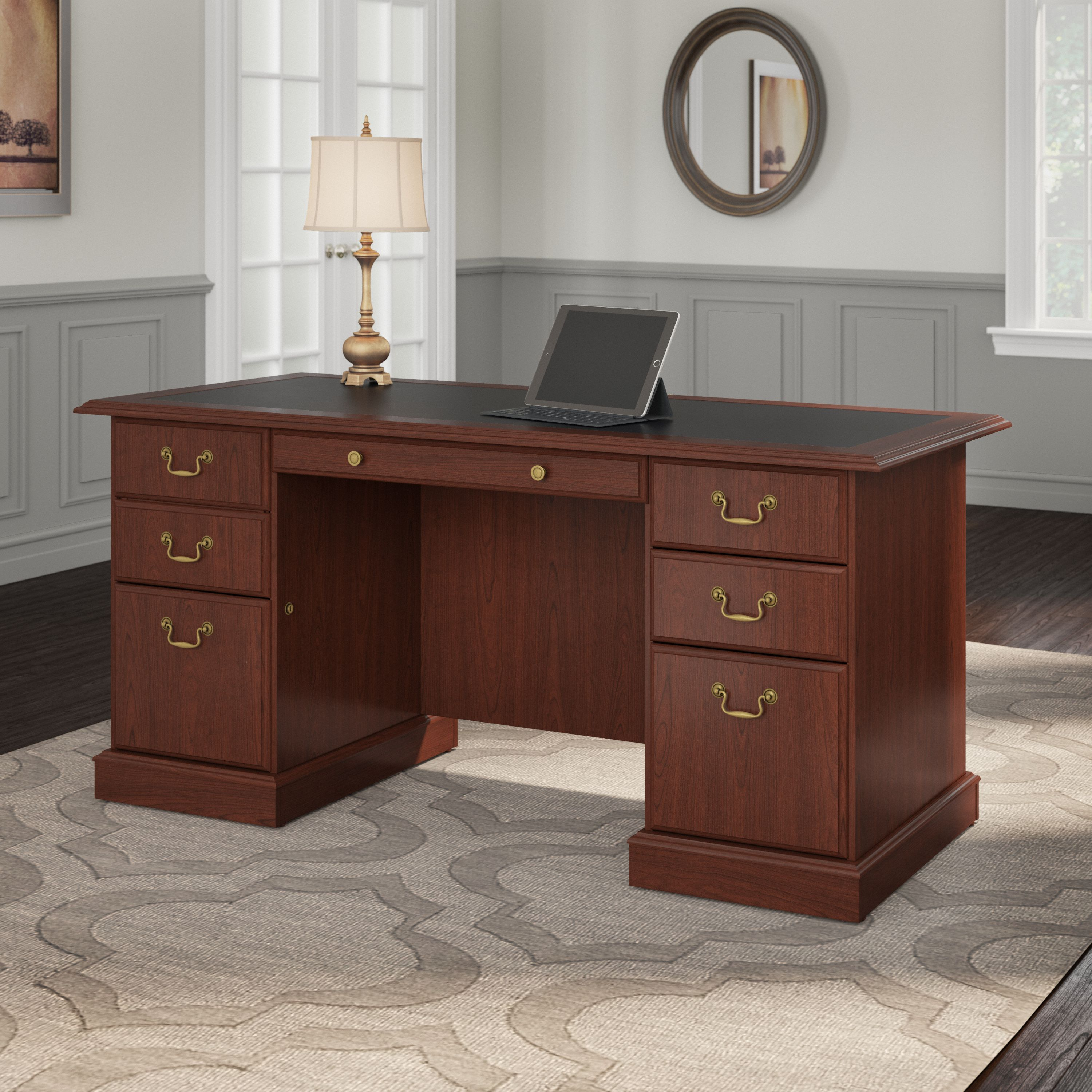 Shop Bush Furniture Saratoga Executive Desk with Drawers 01 EX45666-03K #color_harvest cherry/black