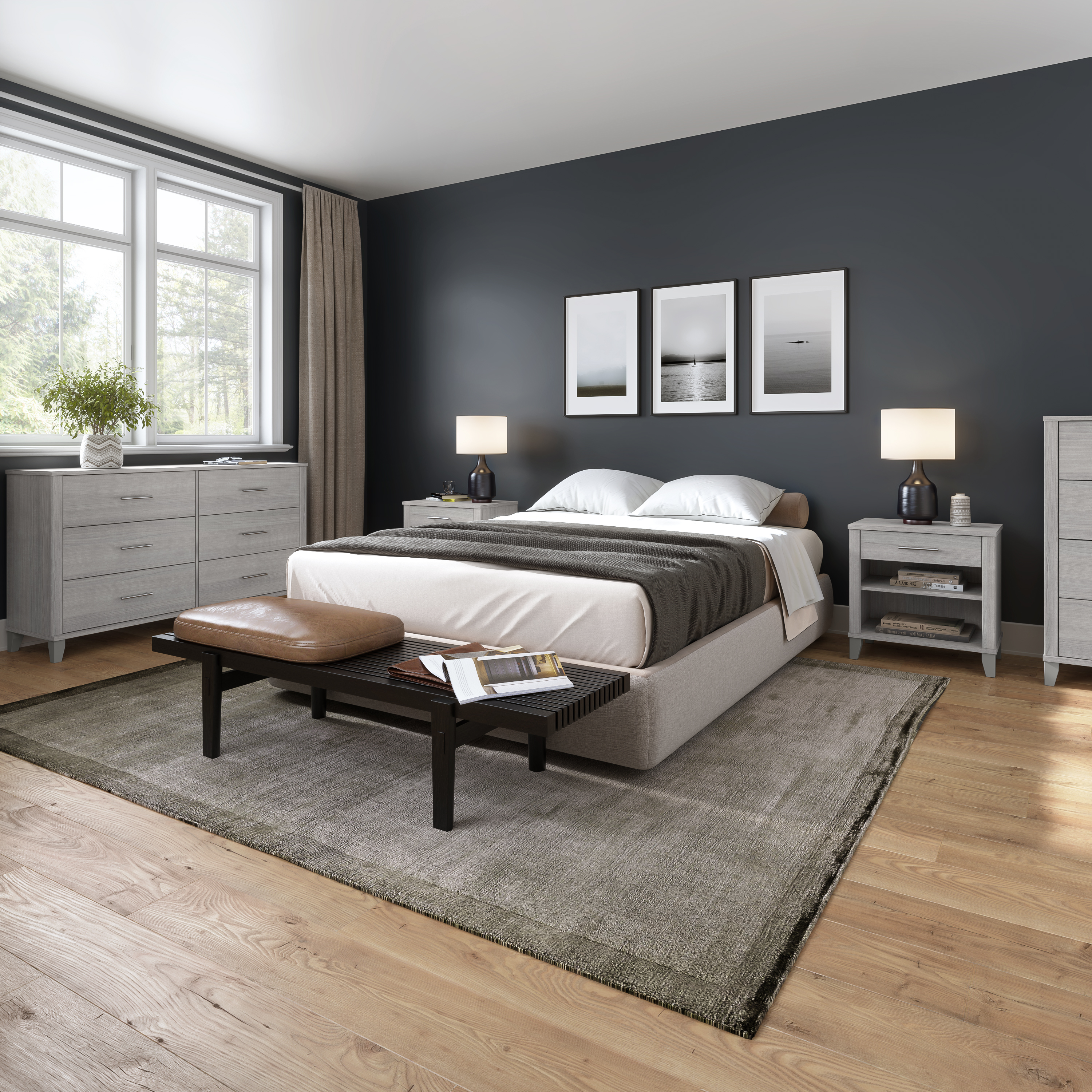 Shop Bush Furniture Somerset Full/Queen Size Headboard, Chest of Drawers and Nightstand Bedroom Set 06 SET005PG #color_platinum gray