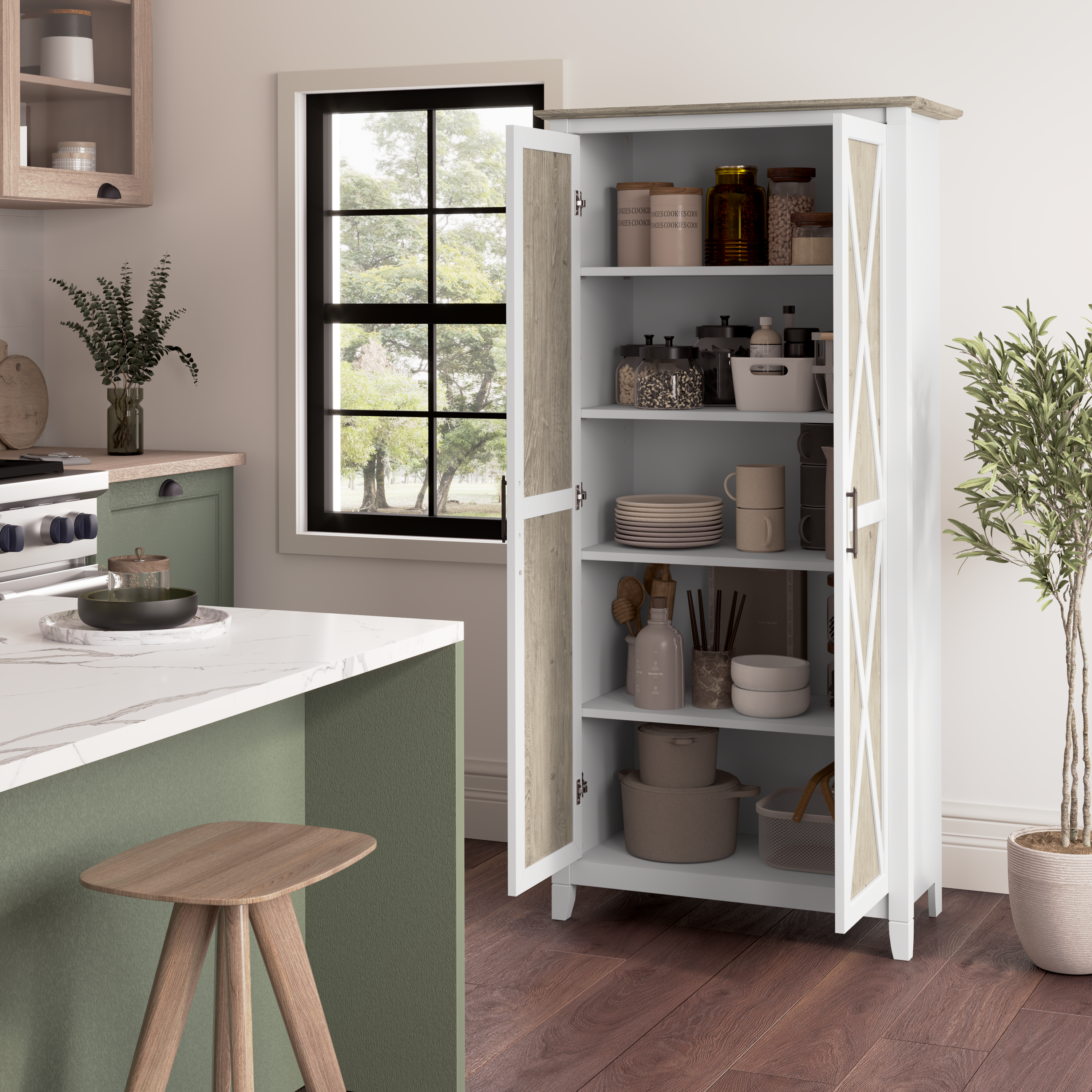 Shop Bush Furniture Key West Tall Kitchen Pantry Cabinet with Doors and Shelves 06 KWS266G2W-Z #color_shiplap gray/pure white