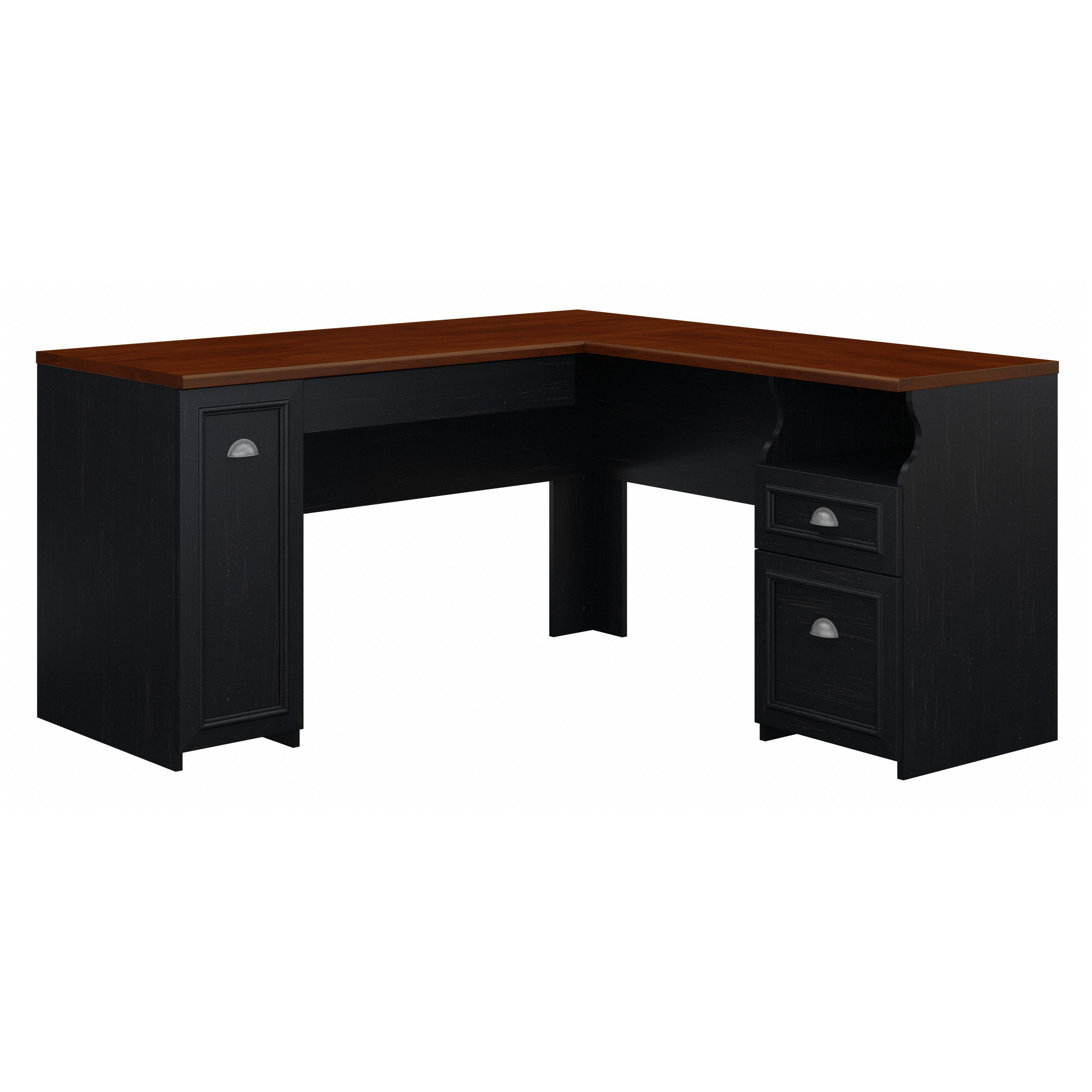 Shop Bush Furniture Fairview 60W L Shaped Desk with Drawers and Storage Cabinet 02 WC53930-03K #color_antique black/hansen cherry