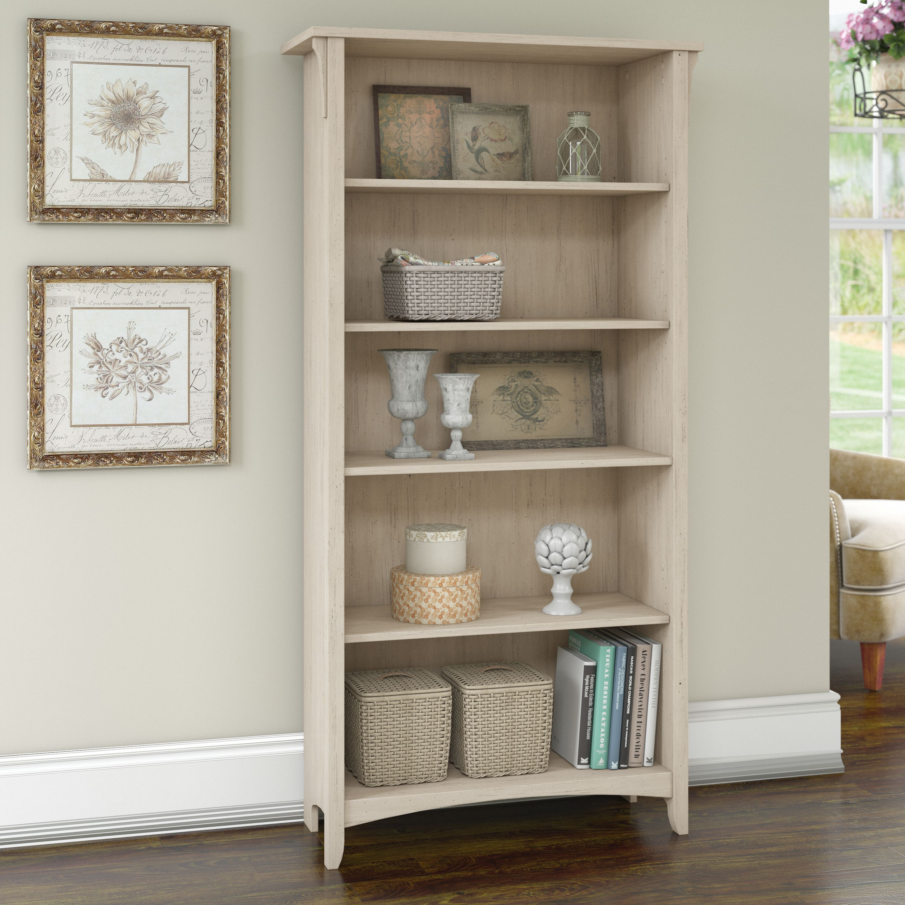 Shop Bush Furniture Salinas Tall 5 Shelf Bookcase 01 SAB132AW-03 #color_antique white