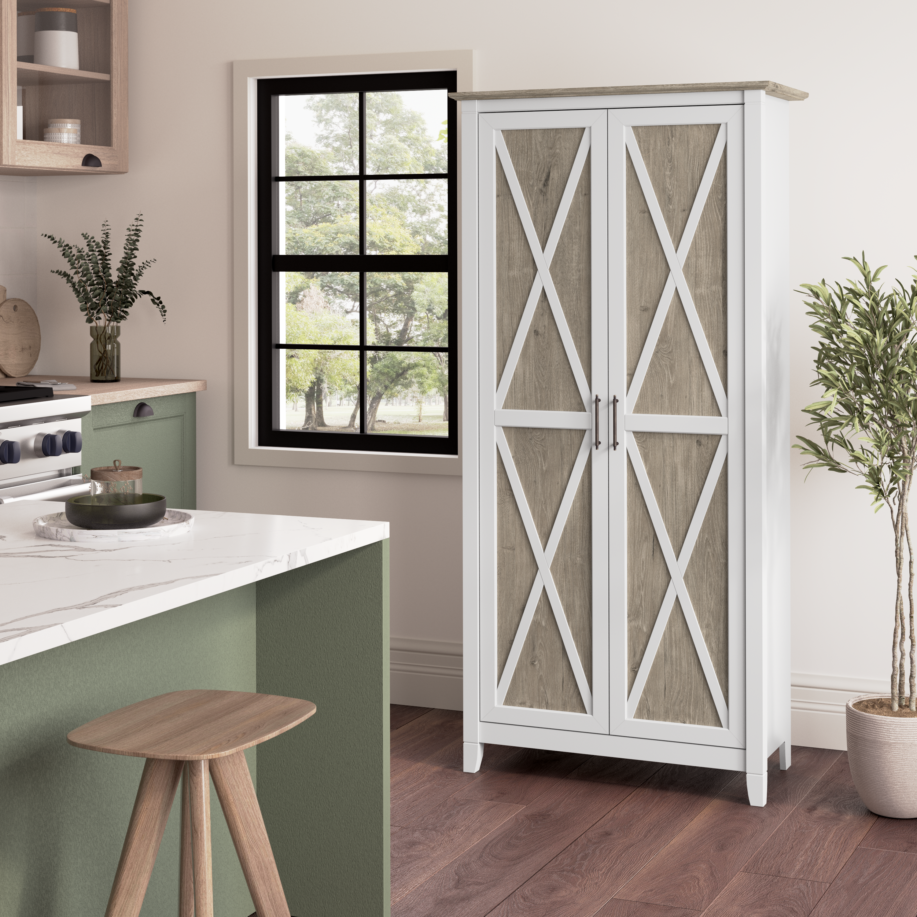 Shop Bush Furniture Key West Tall Kitchen Pantry Cabinet with Doors and Shelves 01 KWS266G2W-Z #color_shiplap gray/pure white