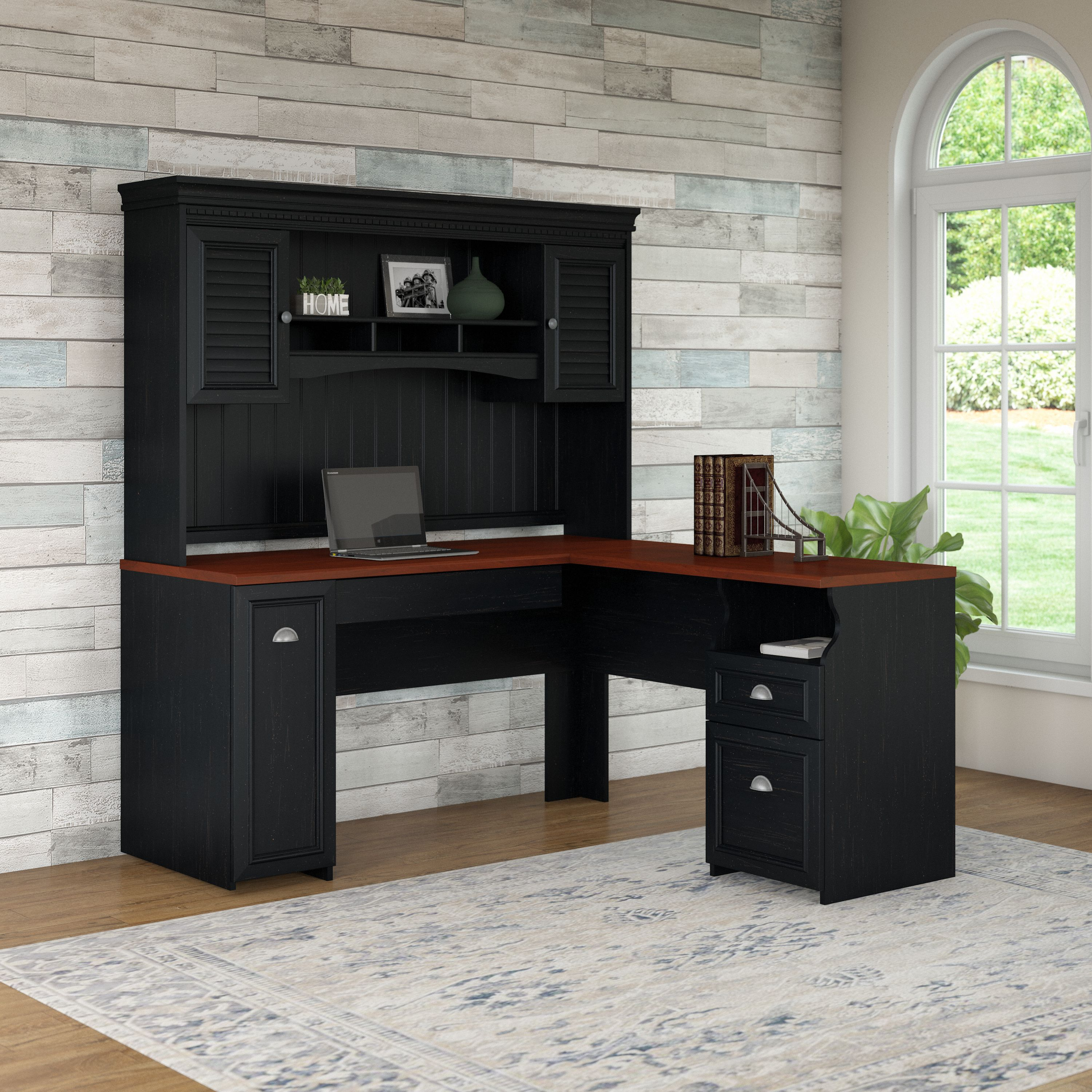 Shop Bush Furniture Fairview 60W L Shaped Desk with Hutch 01 FV004AB #color_antique black/hansen cherry