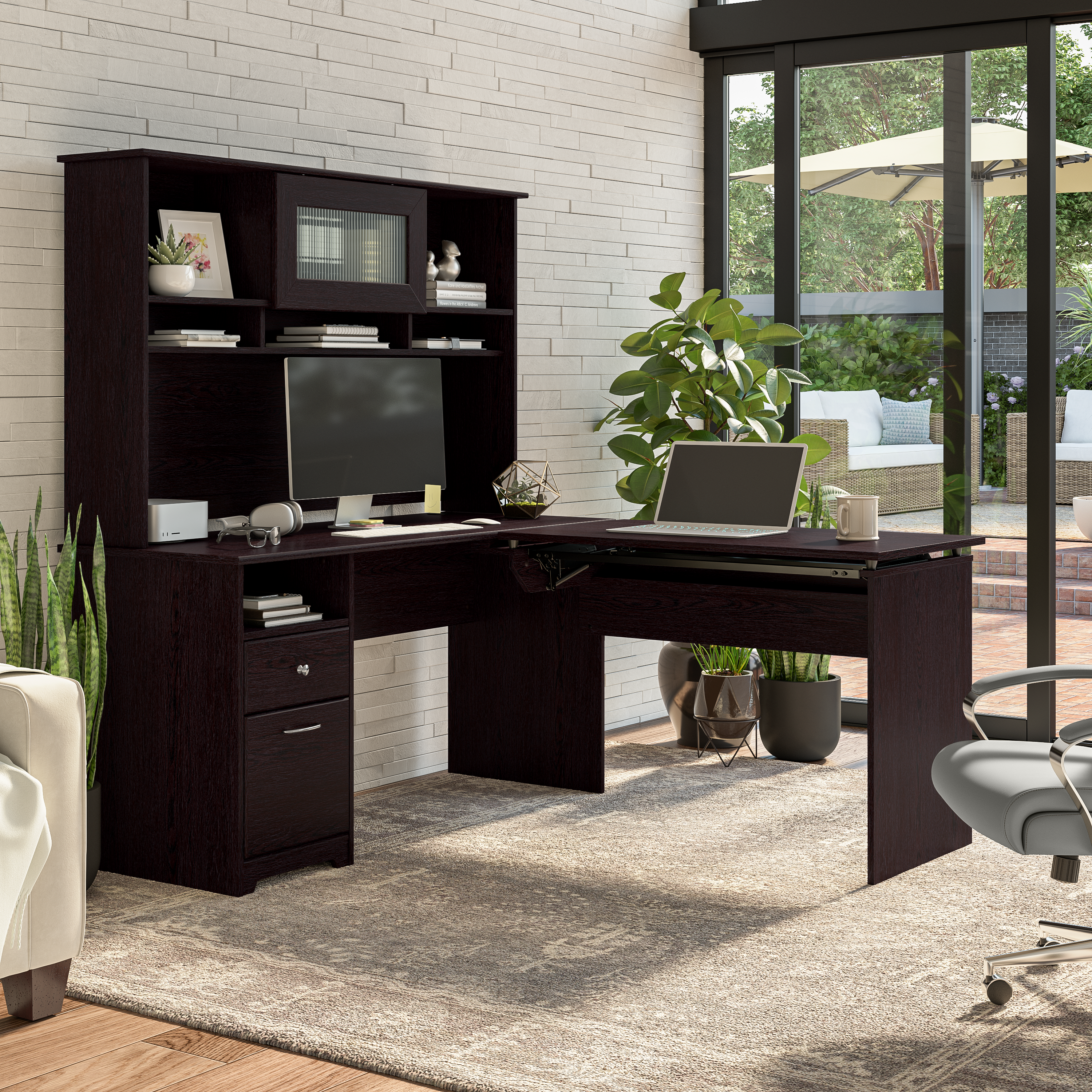 Shop Bush Furniture Cabot 60W 3 Position Sit to Stand L Shaped Desk with Hutch 03 CAB045EPO #color_espresso oak