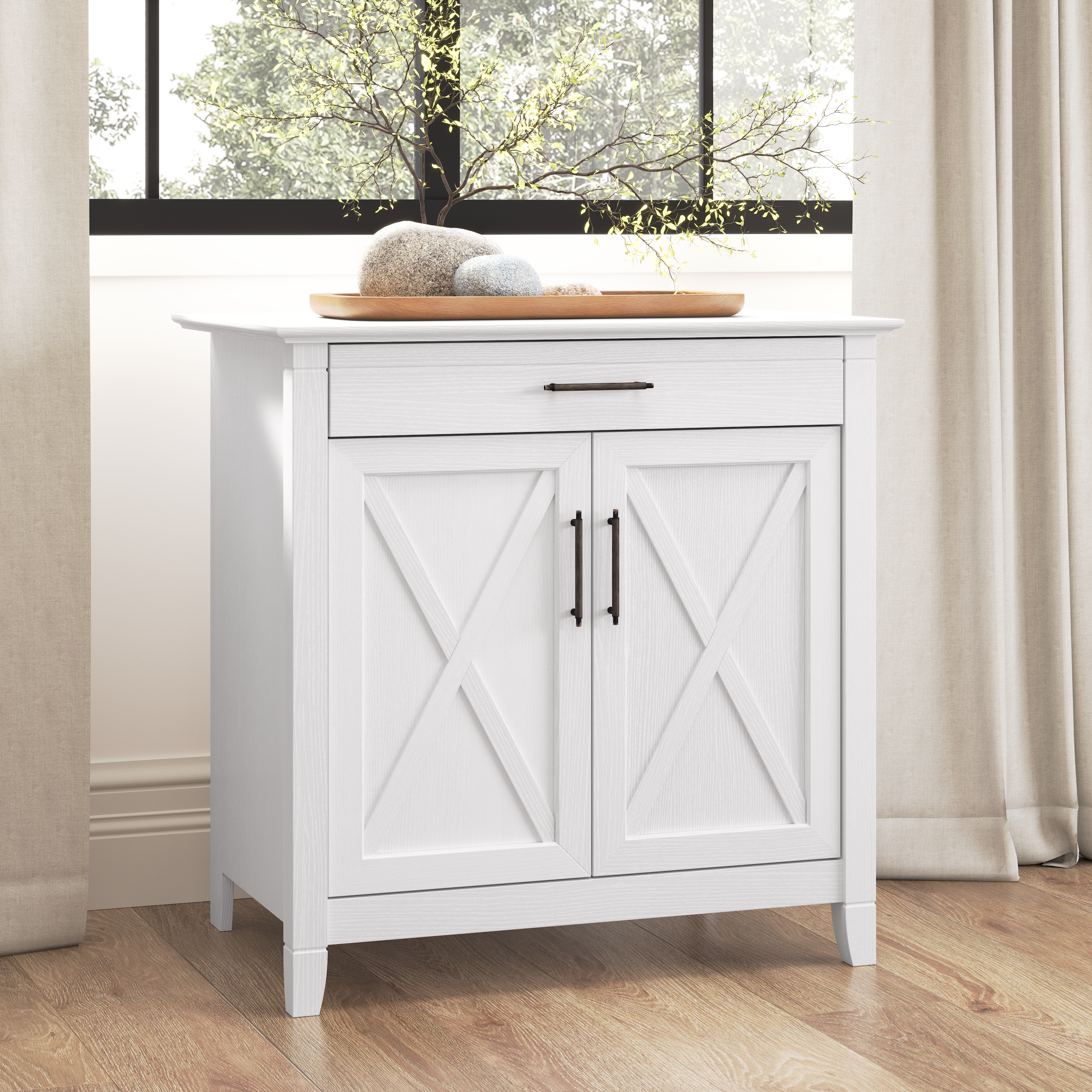 Shop Bush Furniture Key West Secretary Desk with Keyboard Tray and Storage Cabinet 01 KWS132WT-03 #color_pure white oak