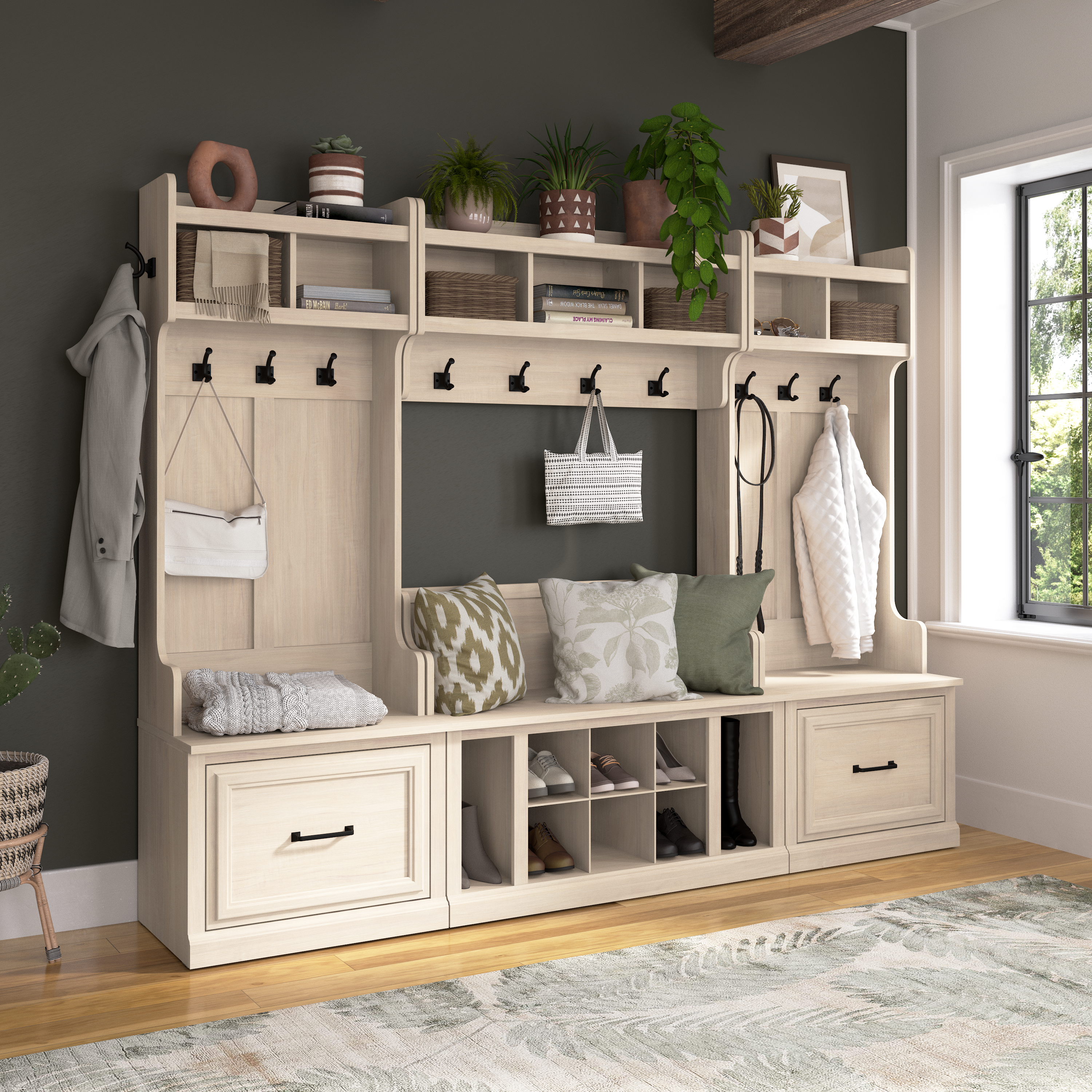 Shop Bush Furniture Woodland 24W Hall Tree and Small Shoe Bench with Shelves 05 WDL008WM #color_white washed maple