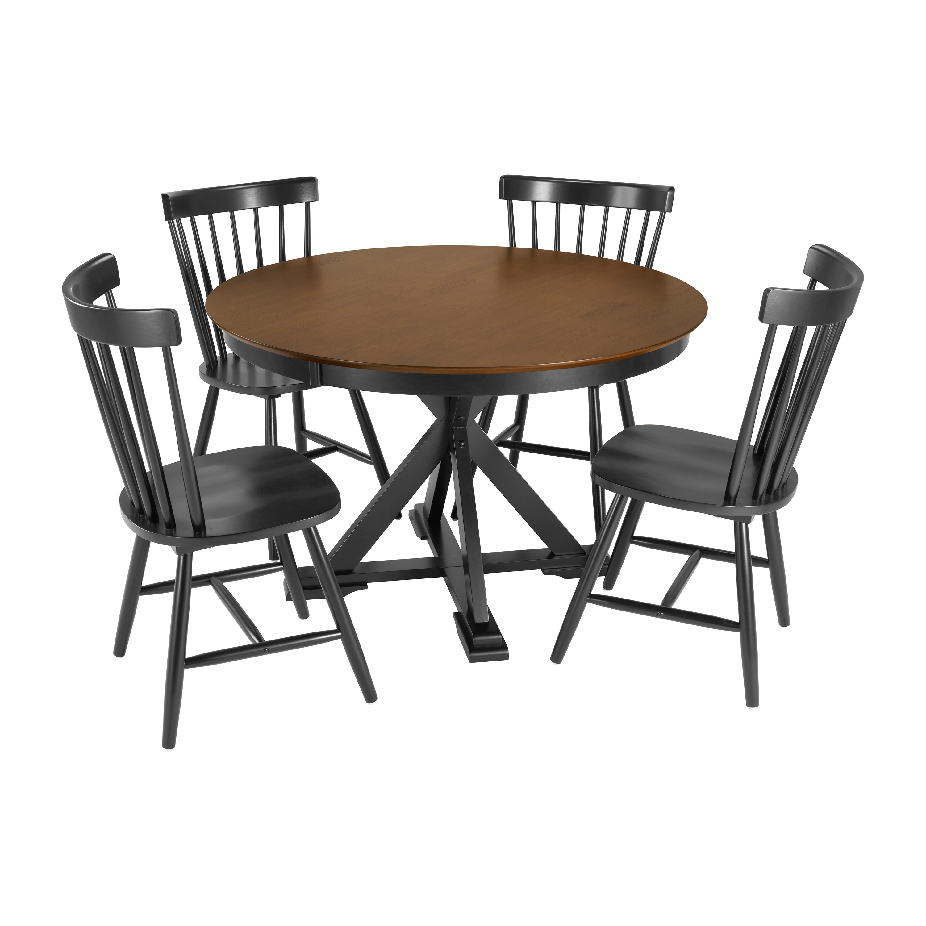 Shop Bush Furniture West End 45W Round Trestle Dining Table with 4 High Back Spindle Dining Chairs 02 WEN001BMB #color_burnished medium brown/black paint