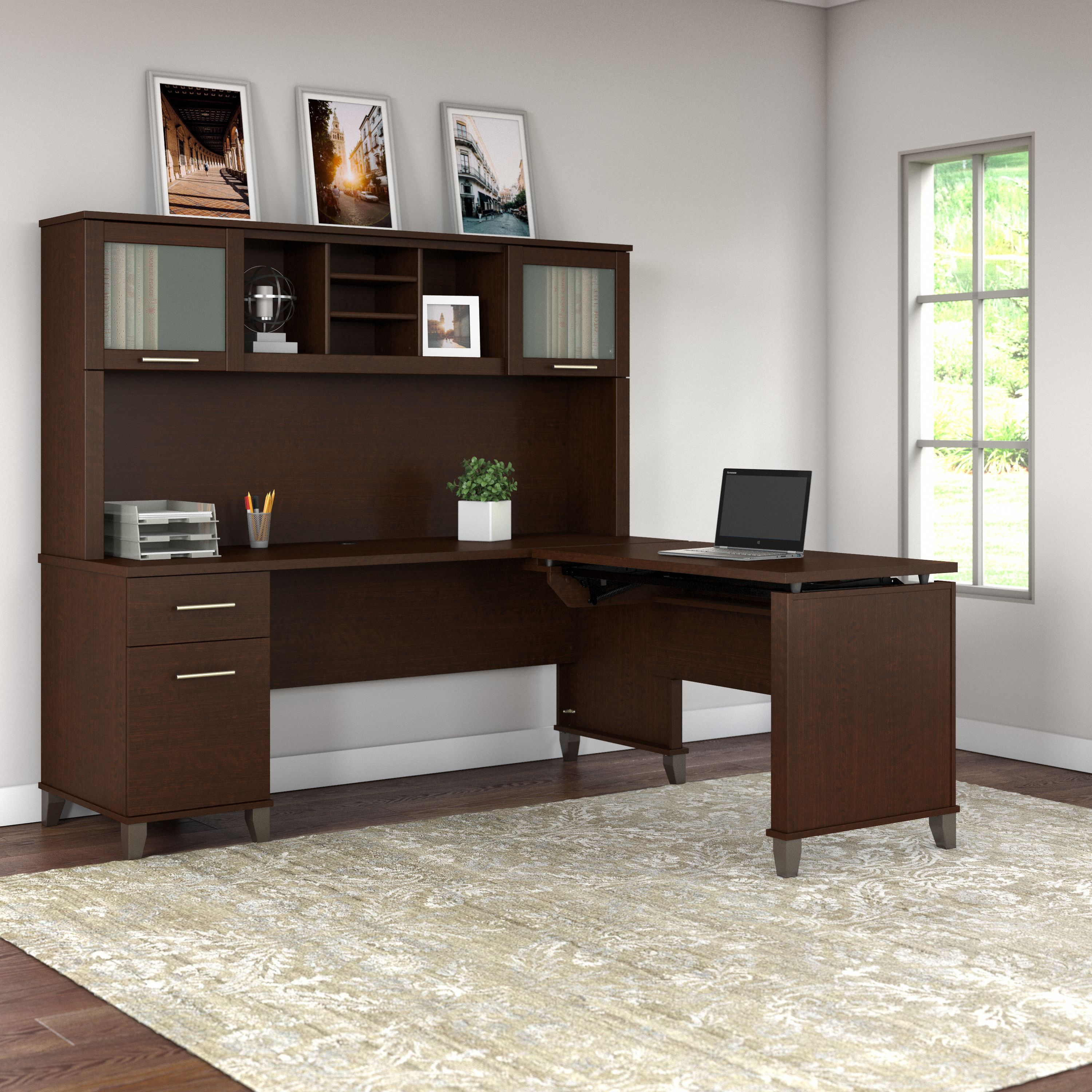 Shop Bush Furniture Somerset 72W 3 Position Sit to Stand L Shaped Desk with Hutch 03 SET015MR #color_mocha cherry