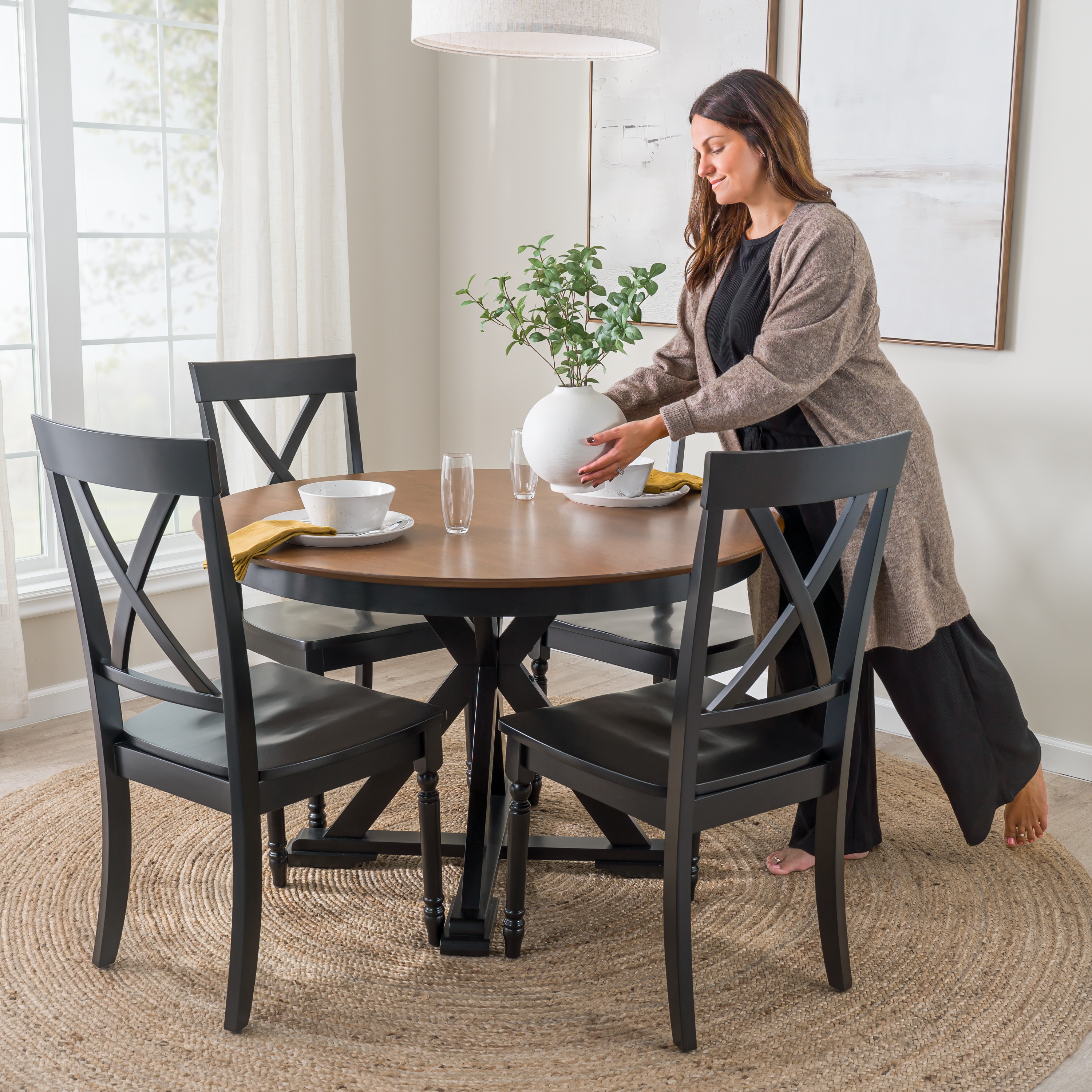 Shop Bush Furniture West End 45W Round Trestle Dining Table with 4 Cross Back Dining Chairs 03 WEN002BMB #color_burnished medium brown/black paint