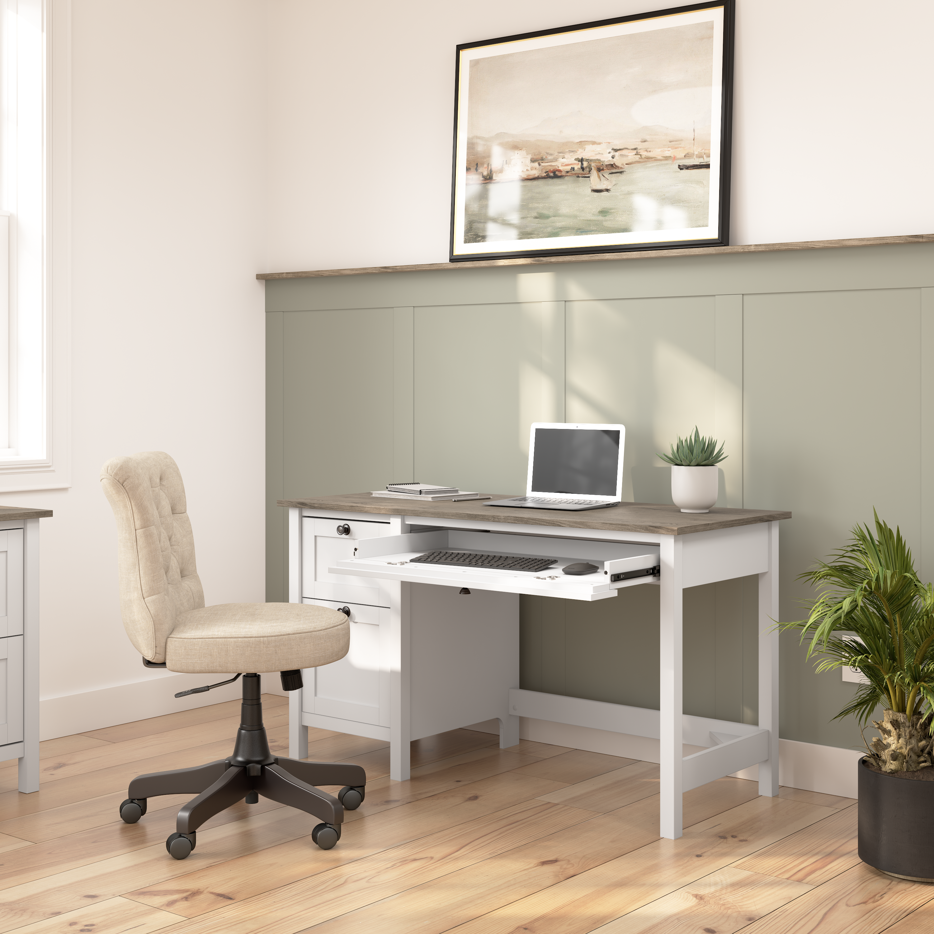 Shop Bush Furniture Mayfield 54W Computer Desk with Drawers 03 MAD254GW2-03 #color_shiplap gray/pure white