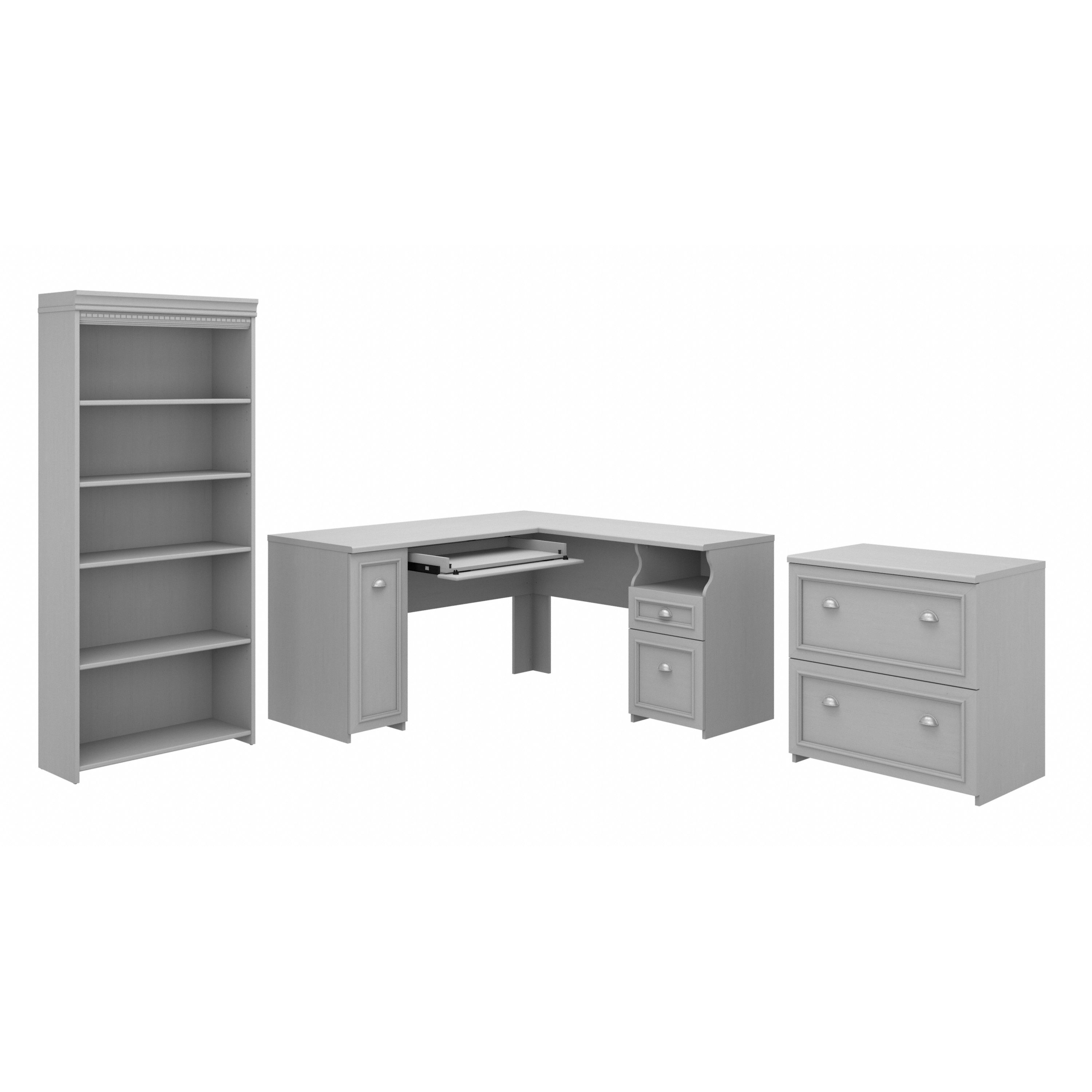 Shop Bush Furniture Fairview 60W L Shaped Desk with Lateral File Cabinet and 5 Shelf Bookcase 02 FV008CG #color_cape cod gray/pure white