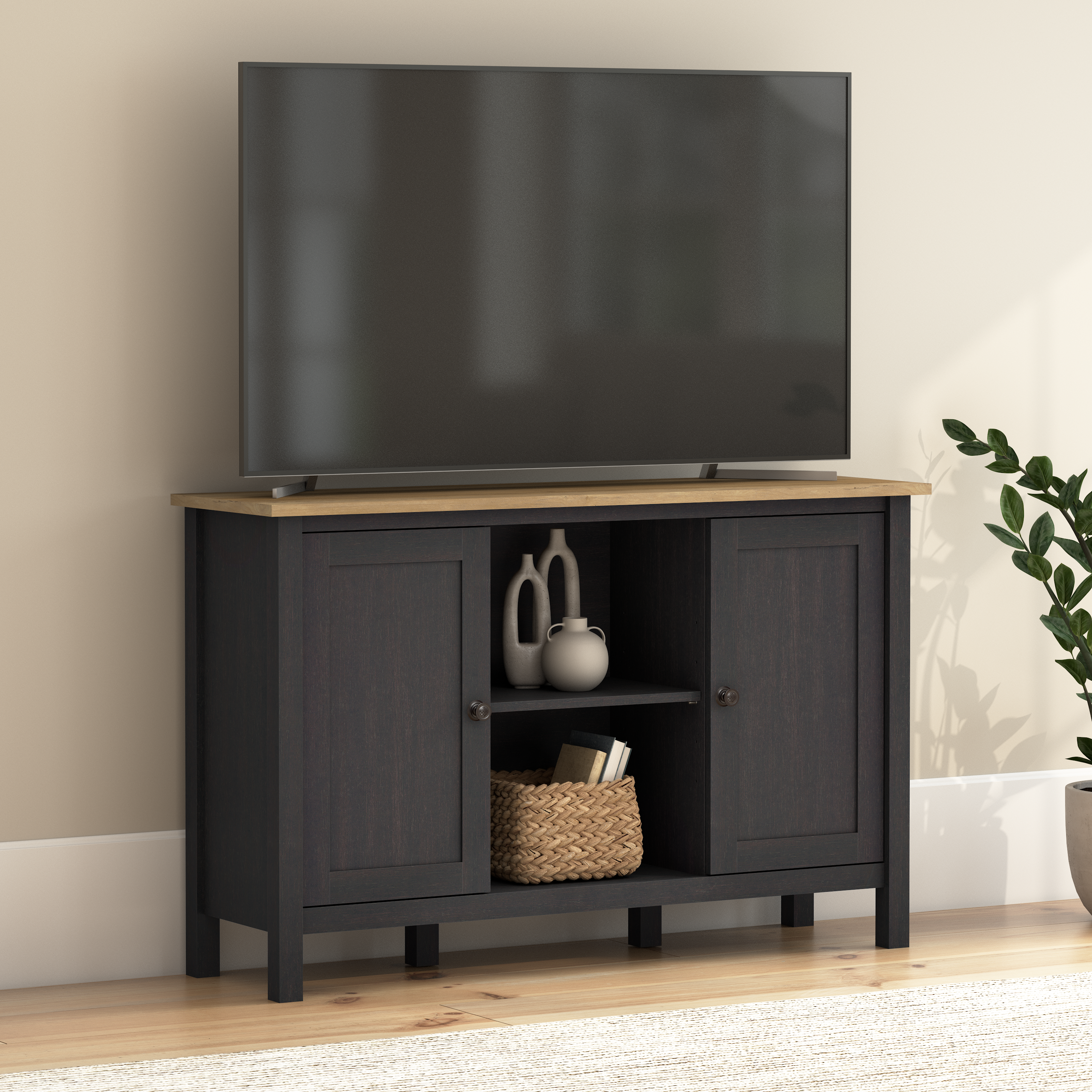 Shop Bush Furniture Mayfield 48W Tall TV Stand 01 MAS148V2P-Z #color_vintage black/reclaimed pine