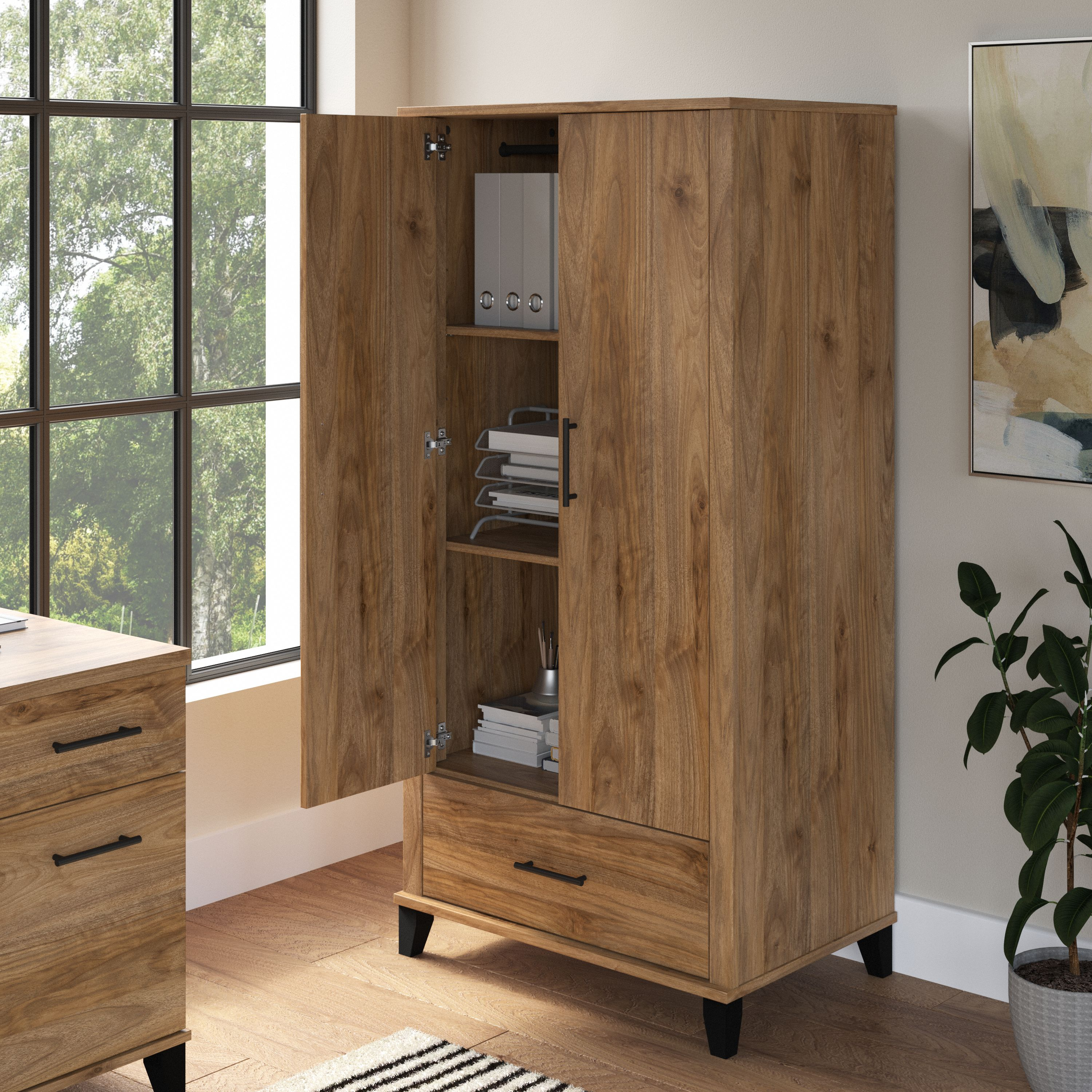 Shop Bush Furniture Somerset Tall Storage Cabinet with Doors and Drawer 03 STS166FWK-Z2 #color_fresh walnut