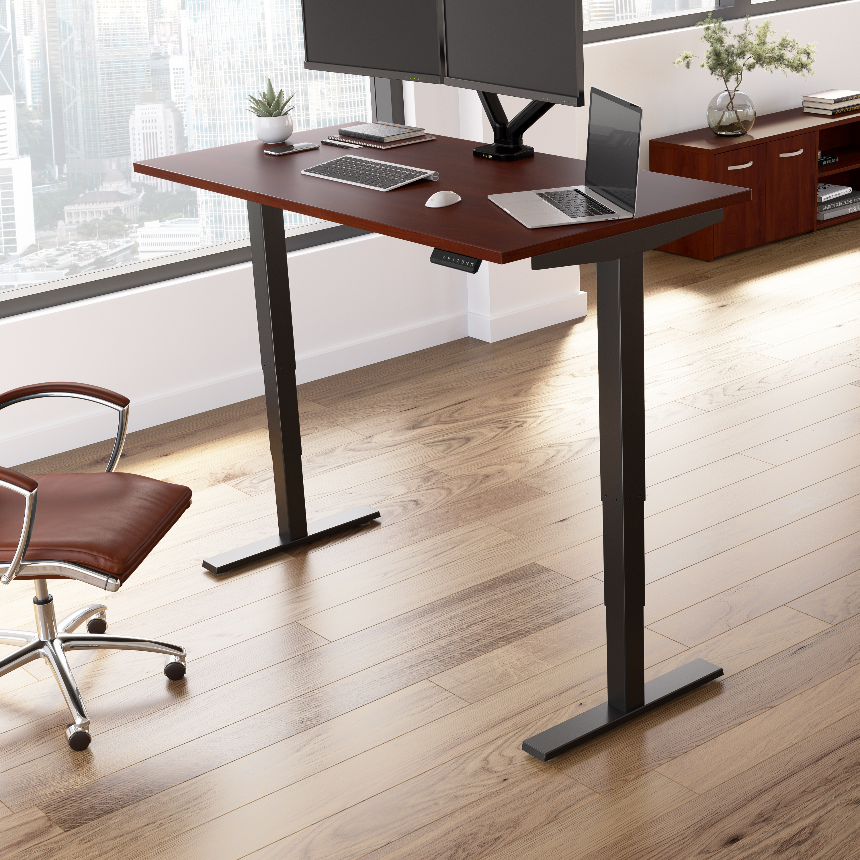 Shop Move 40 Series by Bush Business Furniture 60W x 30D Electric Height Adjustable Standing Desk 01 M4S6030HCBK #color_hansen cherry/black powder coat