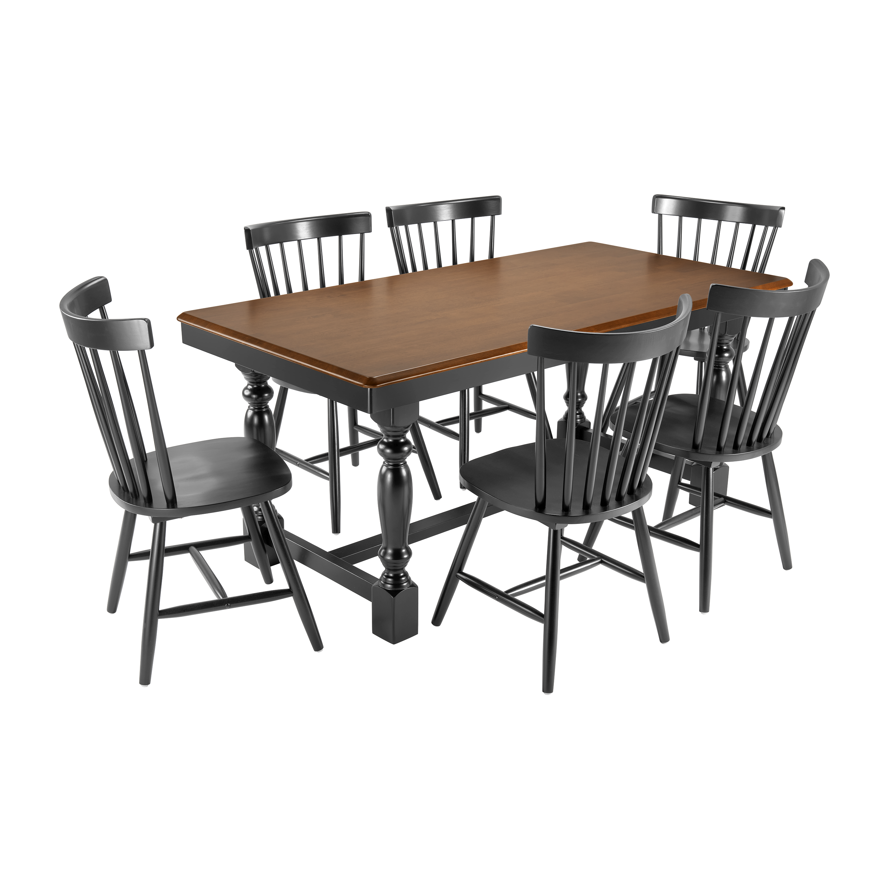 Shop Bush Furniture Sterling 67W Squire Trestle Dining Table with 6 High Back Spindle Dining Chairs 02 STL002BMB #color_burnished medium brown/black paint