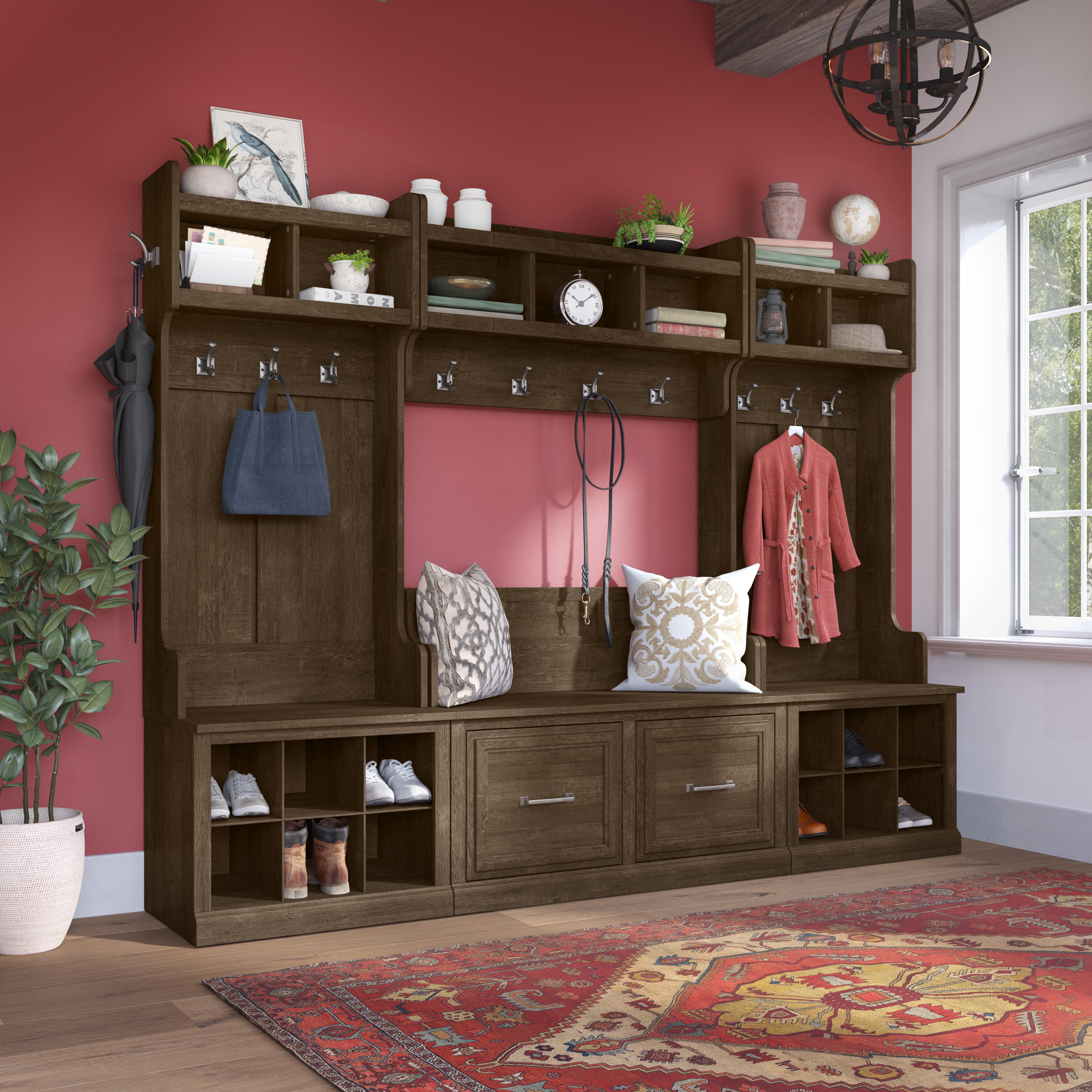 Shop Bush Furniture Woodland 24W Hall Tree and Small Shoe Bench with Shelves 05 WDL008ABR #color_ash brown