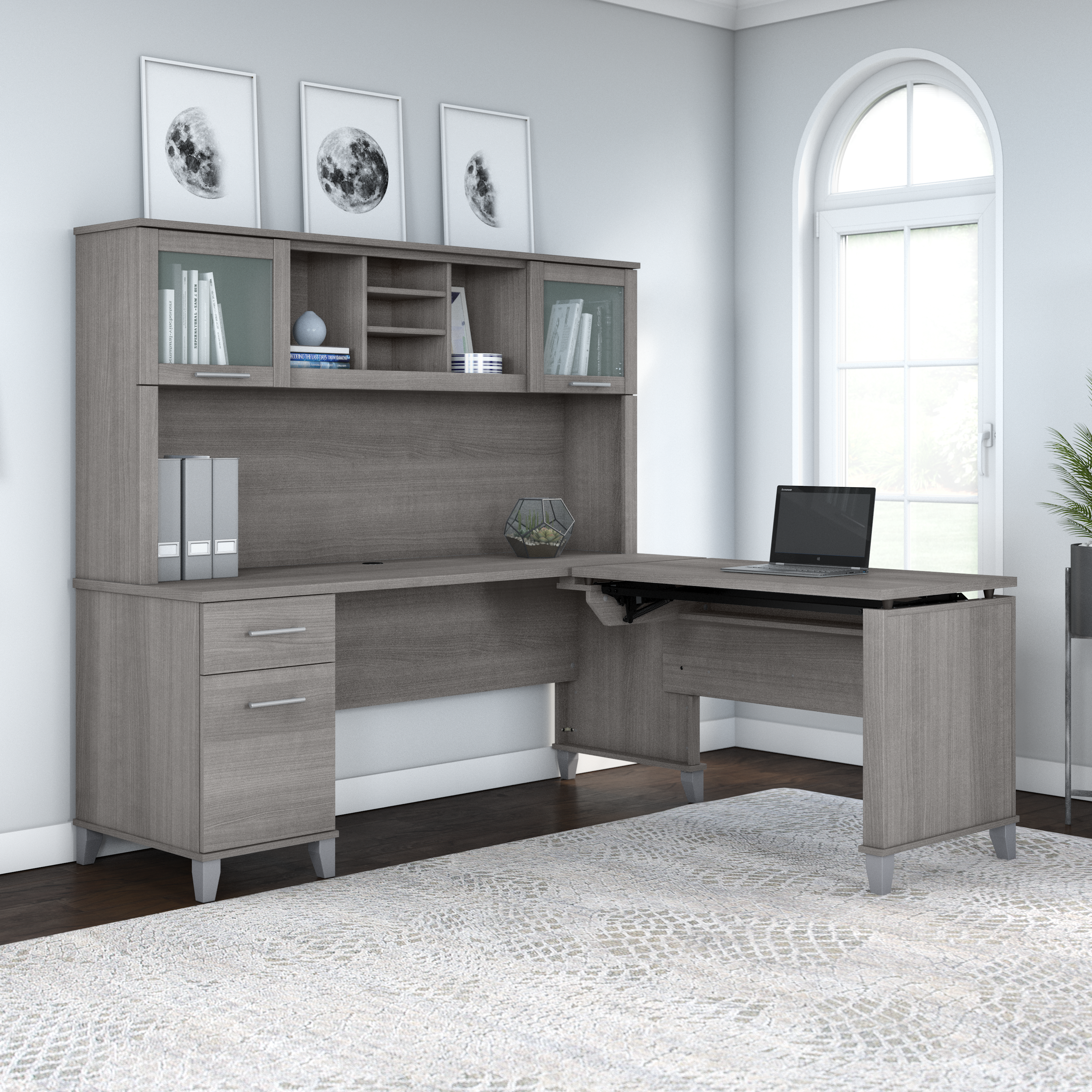 Shop Bush Furniture Somerset 72W 3 Position Sit to Stand L Shaped Desk with Hutch 03 SET015PG #color_platinum gray