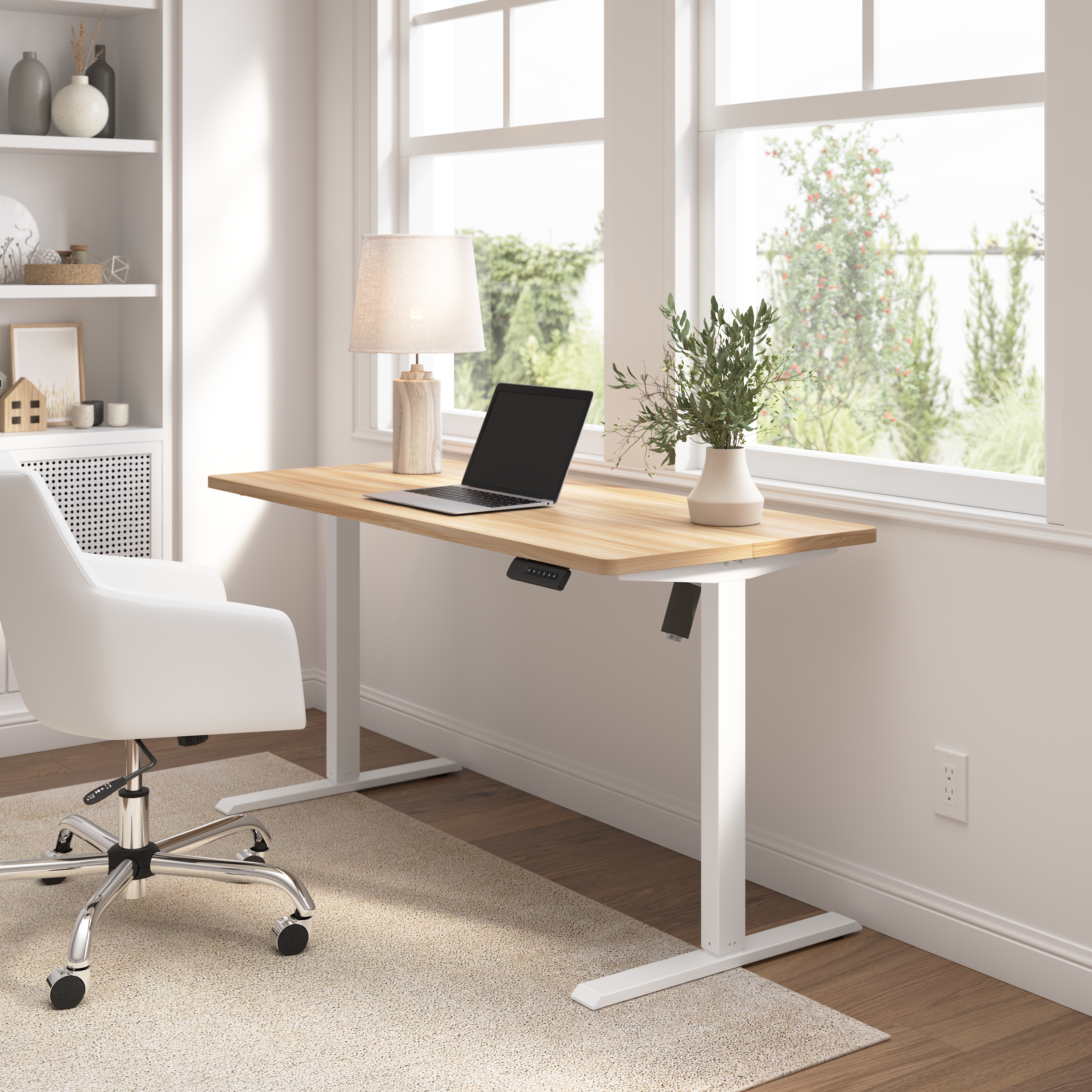 Shop Bush Furniture Energize 55W x 24D Electric Height Adjustable Standing Desk 03 EZ155MAW-03 #color_maple/white frame